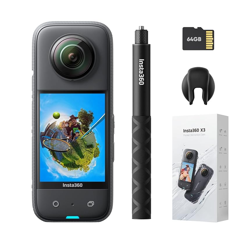 Immagine del prodotto Insta360 X3 Get-Set Kit - Action Cam 360 impermeabile con sensore da 1/2'', foto 360 da 72MP, video 360 5.7K, stabilizzazione, touch screen 2,29'', vibrazione, editing IA, live streaming, webcam
