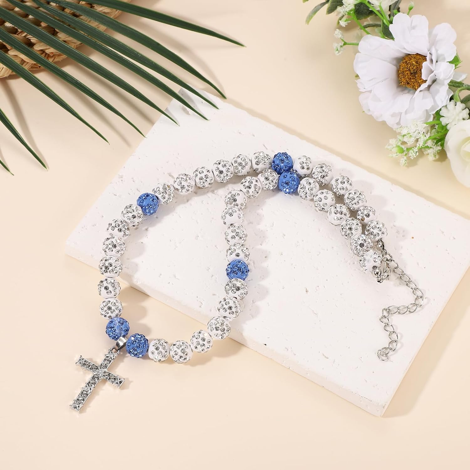 Baseball Rhinestone Necklace, 16in Cross Pendant, White Blue, Unisex Adult, Baseball Fans, Stainless Steel Chain, Casual, Rhinestone Beads - Image 4