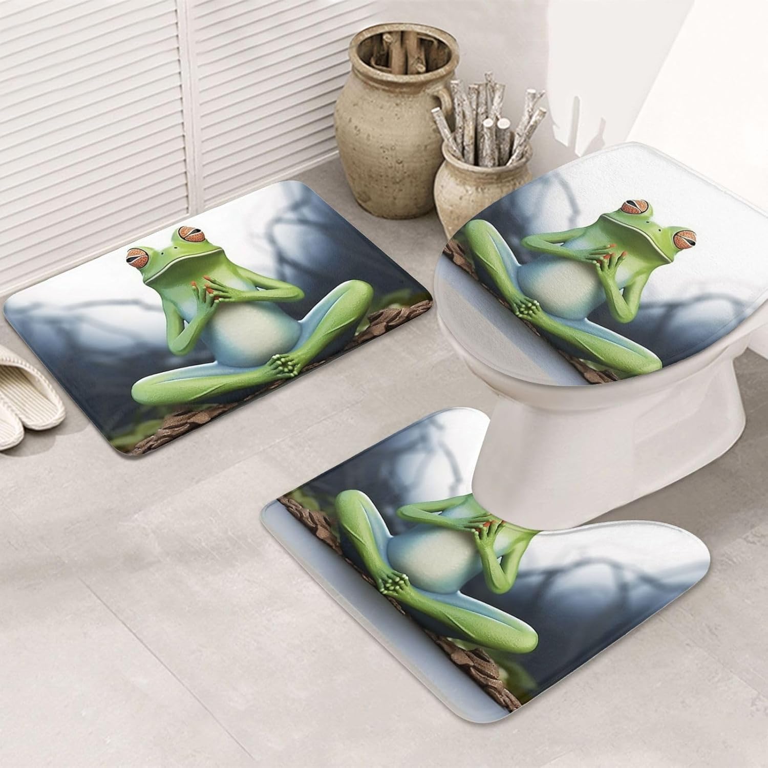 Funny Yoga Frog Bathroom Rug Set 3 Piece (Toilet Lid Cover, U-Shaped Contour Rug, Bath Rug) Microfiber Flannel Bath Mat Sets – Soft, Absorbent, and Stylish for Your Bathroom