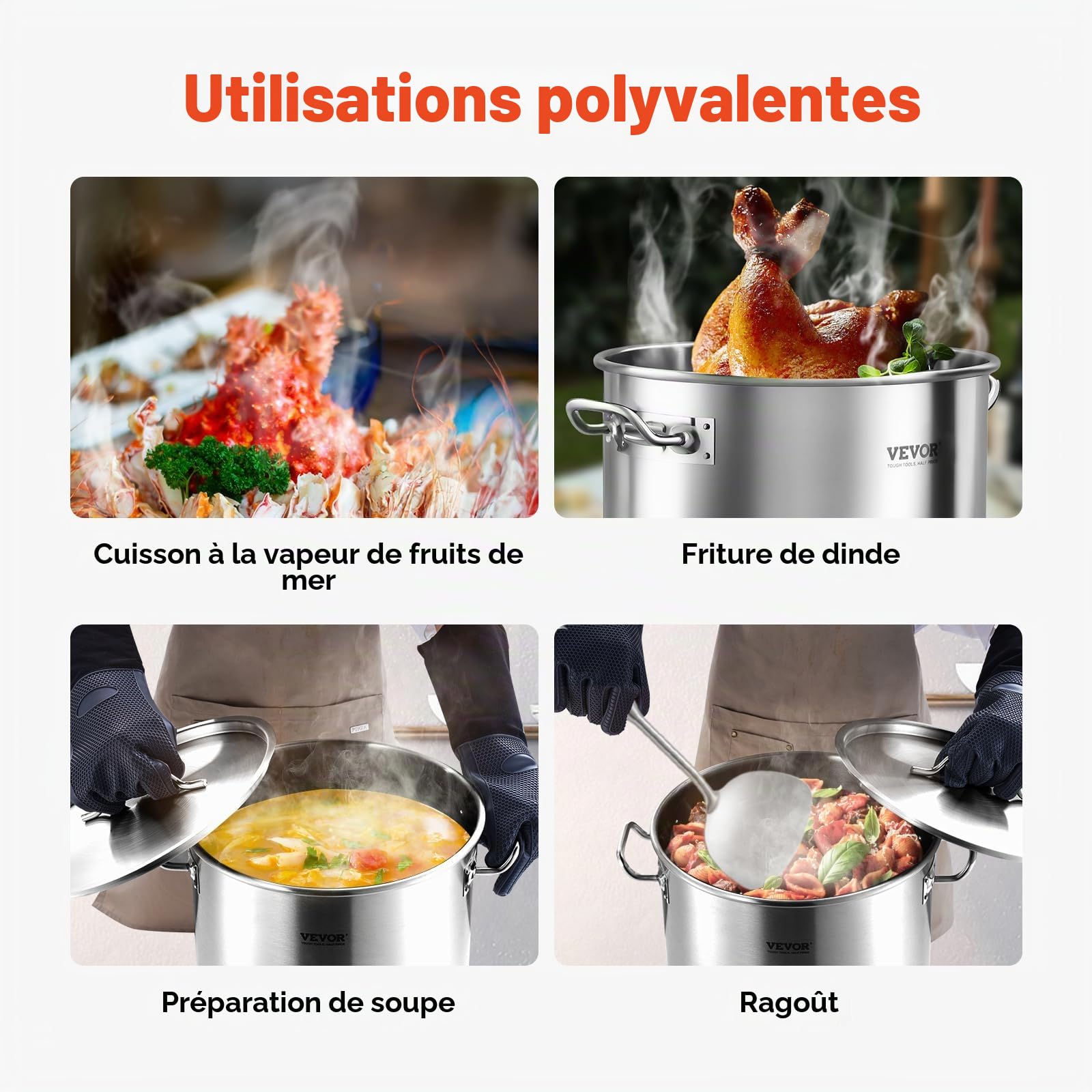 VEVOR Marmite en Acier Inoxydable 50,1 L avec Couvercle et Poignée, Faitout Robuste de Qualité Commerciale, Pot de Cuisson avec Traitement de Ponçage, Marmite Traiteur pour Grands Événements, Argent