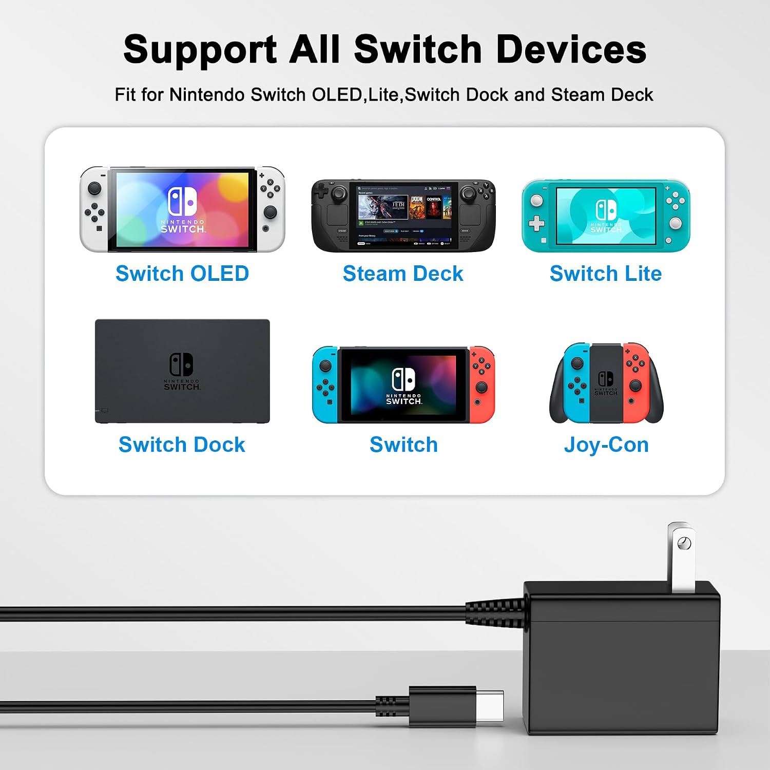 Charger for Nintendo Switch AC Power Nintendo Supply Adapter 39W 15V 2.6A Fast Charging with 6.6FT USB C Cord Compatible with Nintendo Switch Lite/LITE/OLED,Support TV Dock/Phones