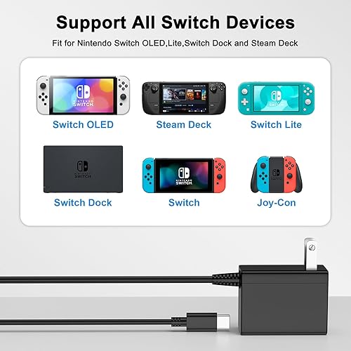 Miniatura 2 de Cargador para Nintendo Switch Adaptador de CA de repuesto para Nintendo Fuente de Alimentación 39W 15V 2.6A Carga Rápida con Cable USB C de 6.6 pies