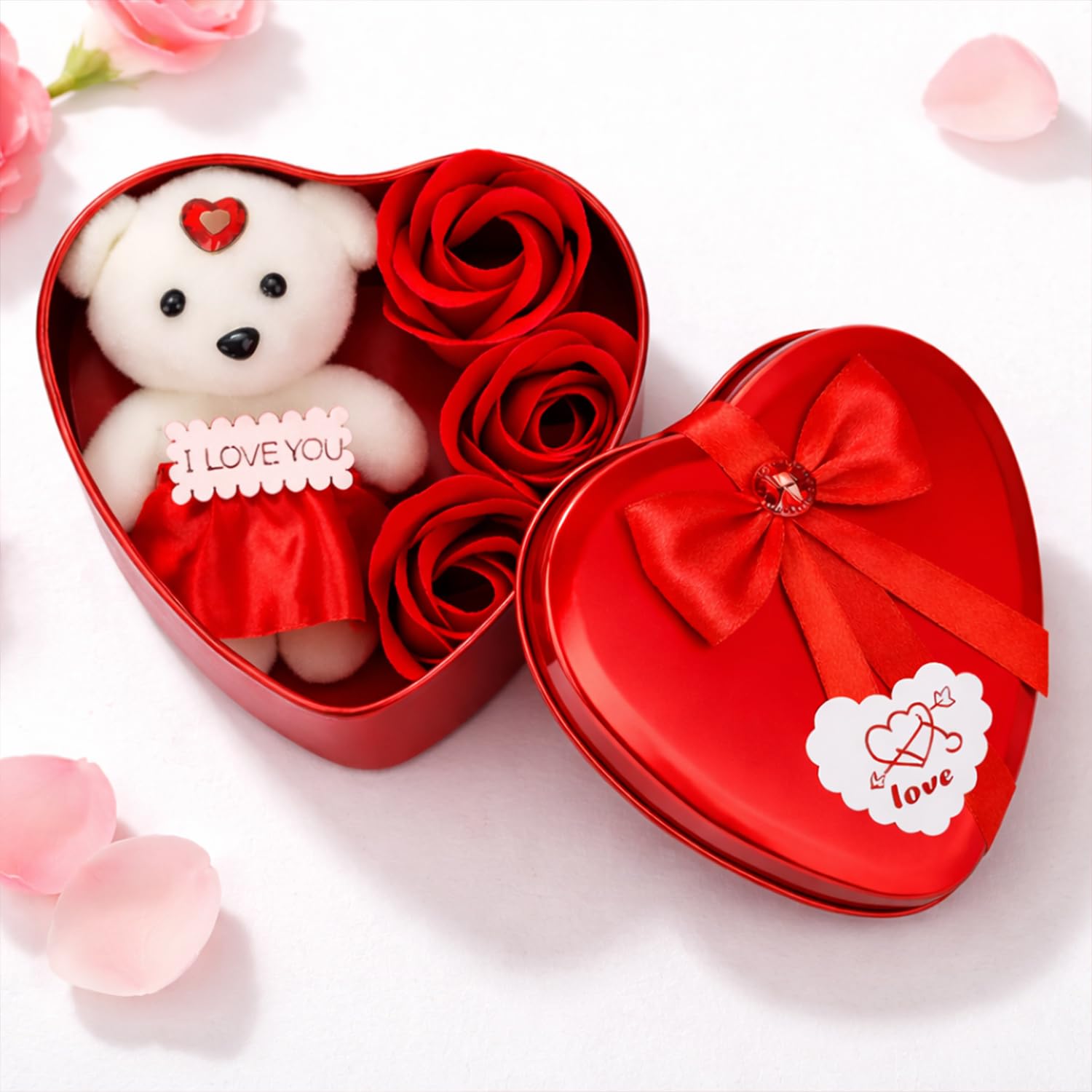 Rozi Decoration Heart Shape Gift Box with Teddy and 3 Artificial Roses | Romantic Decorative Gift for Valentine’s Day, Anniversary, Birthday and Special Occasions Pack of 1 Set-image-18