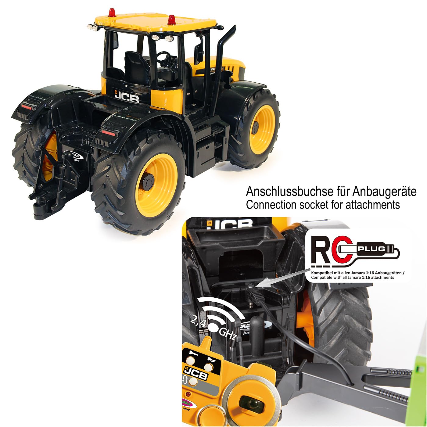 JAMARA Fastrac Traktor 1:16 2,4GHz – Motorsound (abschaltbar), Rückfahrwarnsound, Hupe, 2 Radantrieb, profilierte Gummireifen, LED Licht, Blinker, Auto-Standby und Demo-Modus, 405300, Gelb