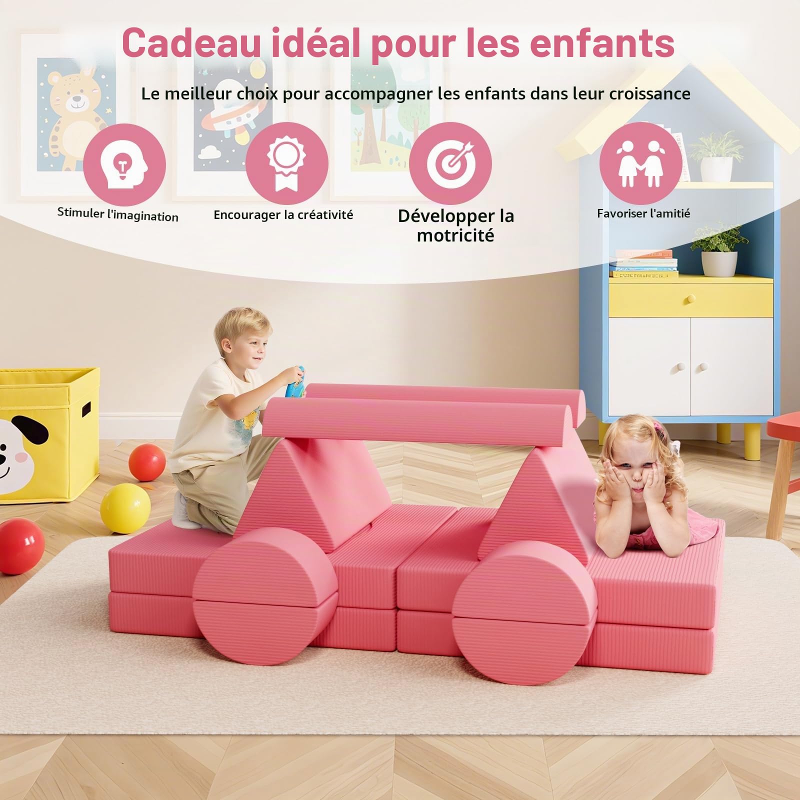 Clevich Canapé Modulable pour Enfants, Canape Enfant Convertible Confortable, Meubles de Chambre et de Salle de Jeux pour Tout-Petits, Possibilités de Jeux Infinies, Velours Côtelé (Rose)