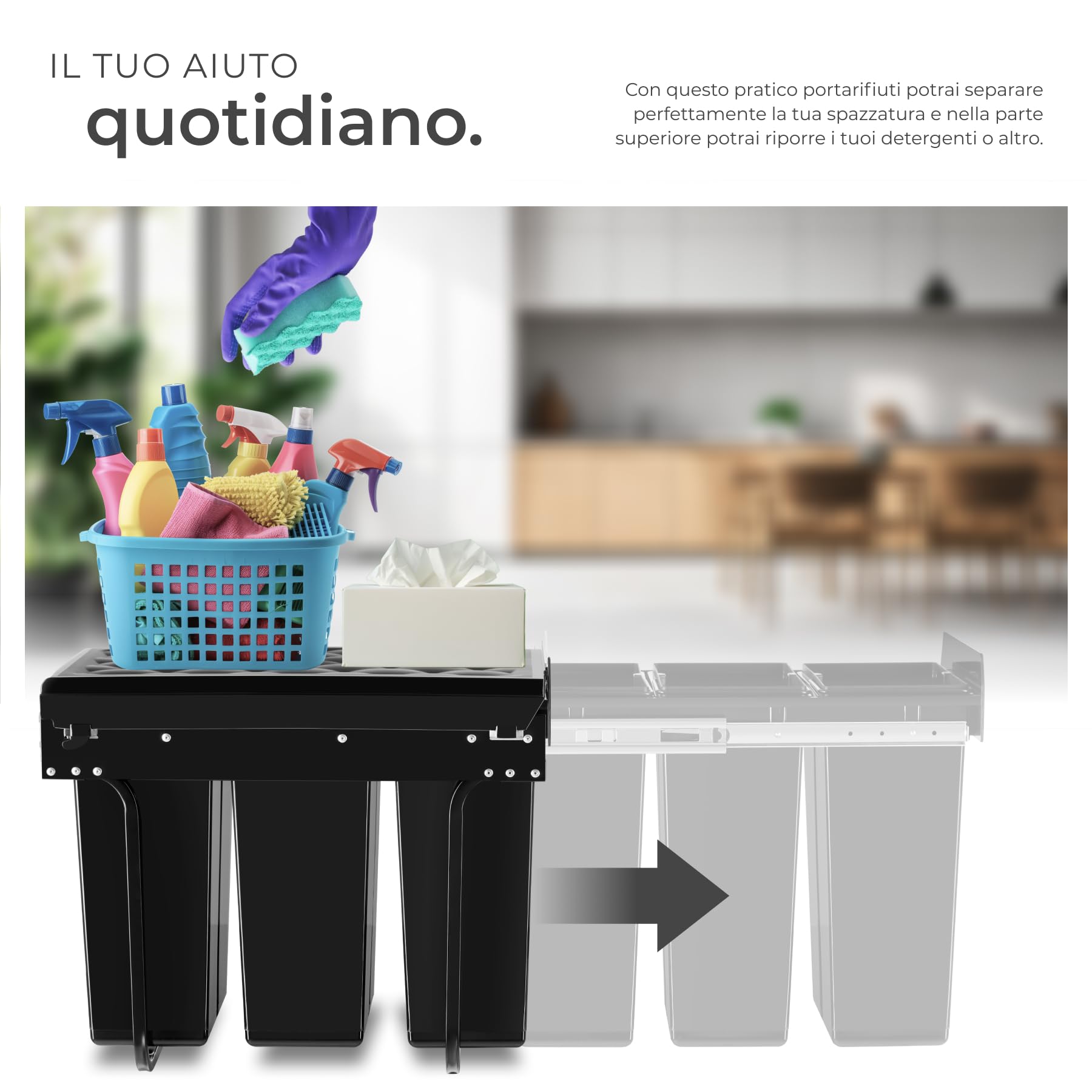 tectake® Pattumiera Differenziata per Cucina, 3 Scomparti, Plastica Robusta, Guide Telescopiche, Mobile Salvaspazio Cucina Con Contenitori Differenziata - 3 vie, 30L