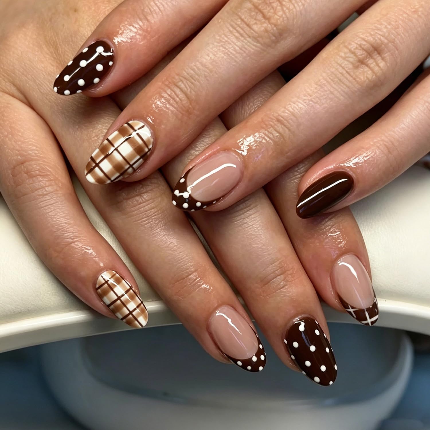 Polka Dots Press On Nails Short Square Fake Nails Nude False Nails With White Black Stripe French Designs Acrylic Nails Press Ons Full Cover Glue On Nails Spring Stick On Nails For Women