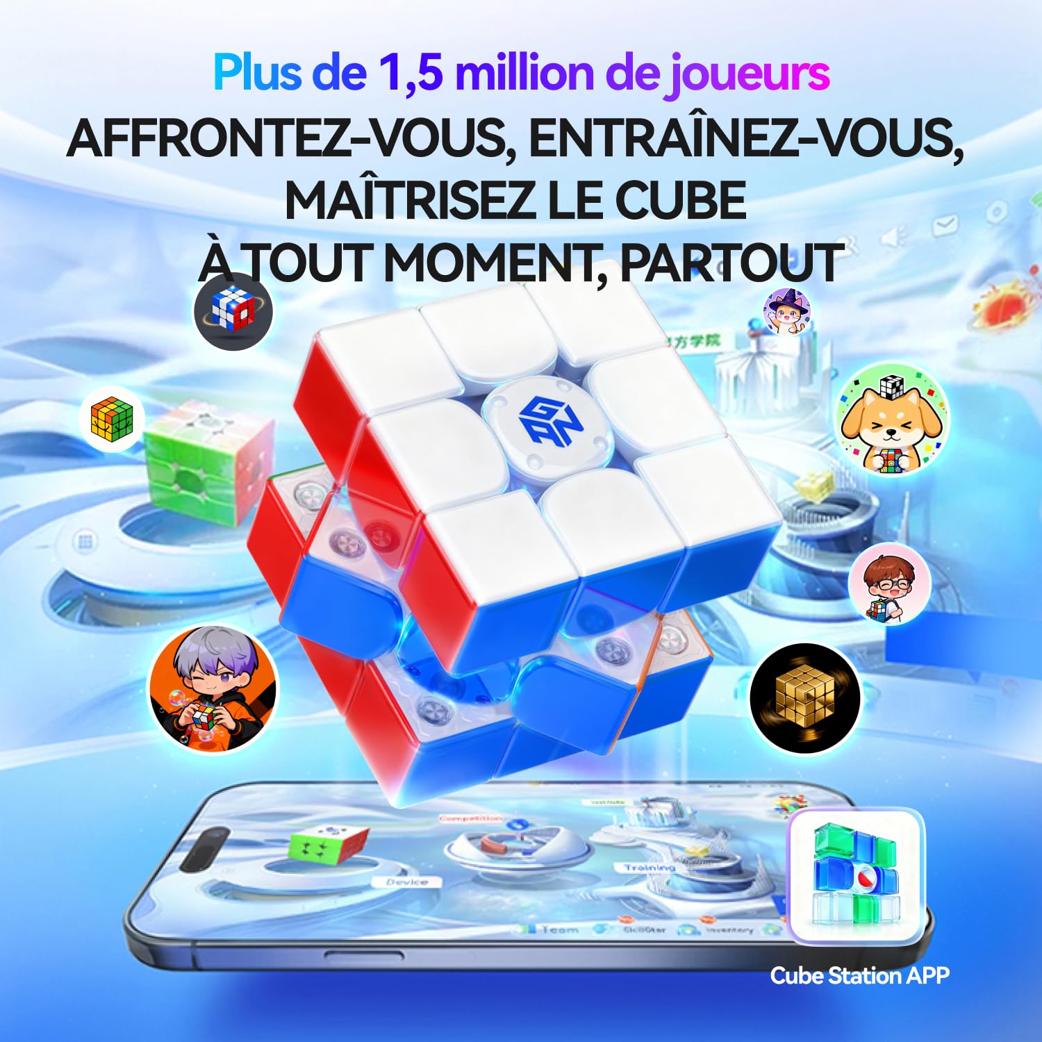 GAN i4 Leap Speed Cube 3x3, Magic Cube Connecté Bluetooth, Noyau Intelligent Omnidirectionnel avec Station de Charge GanPod, Suivi Gyroscopique Via l'App et Compétitions en Ligne