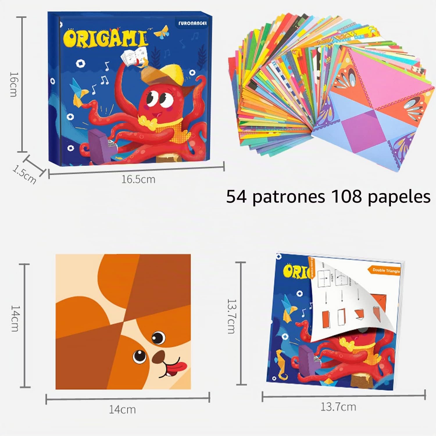 Kit de Origami 108 Hojas 14x14 cm Papel Doble Cara Vívido con Libro en Inglés para Principiantes