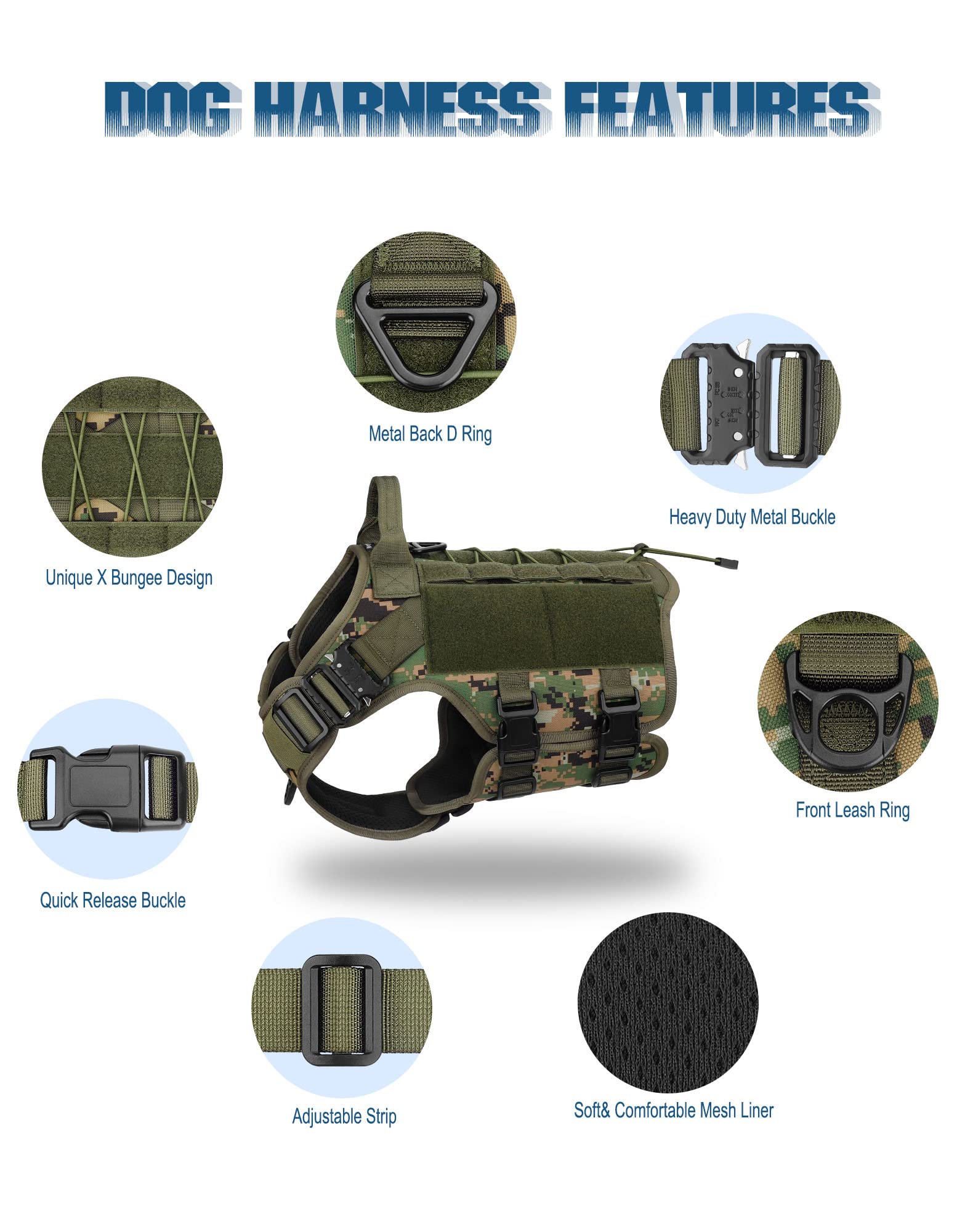 PETNANNY Arnés táctico para perro, arnés para perro de servicio, chaleco de apoyo emocional para perros medianos y grandes, chaleco para perros ESA sin tirones con gancho y bucle, chaleco Molle de