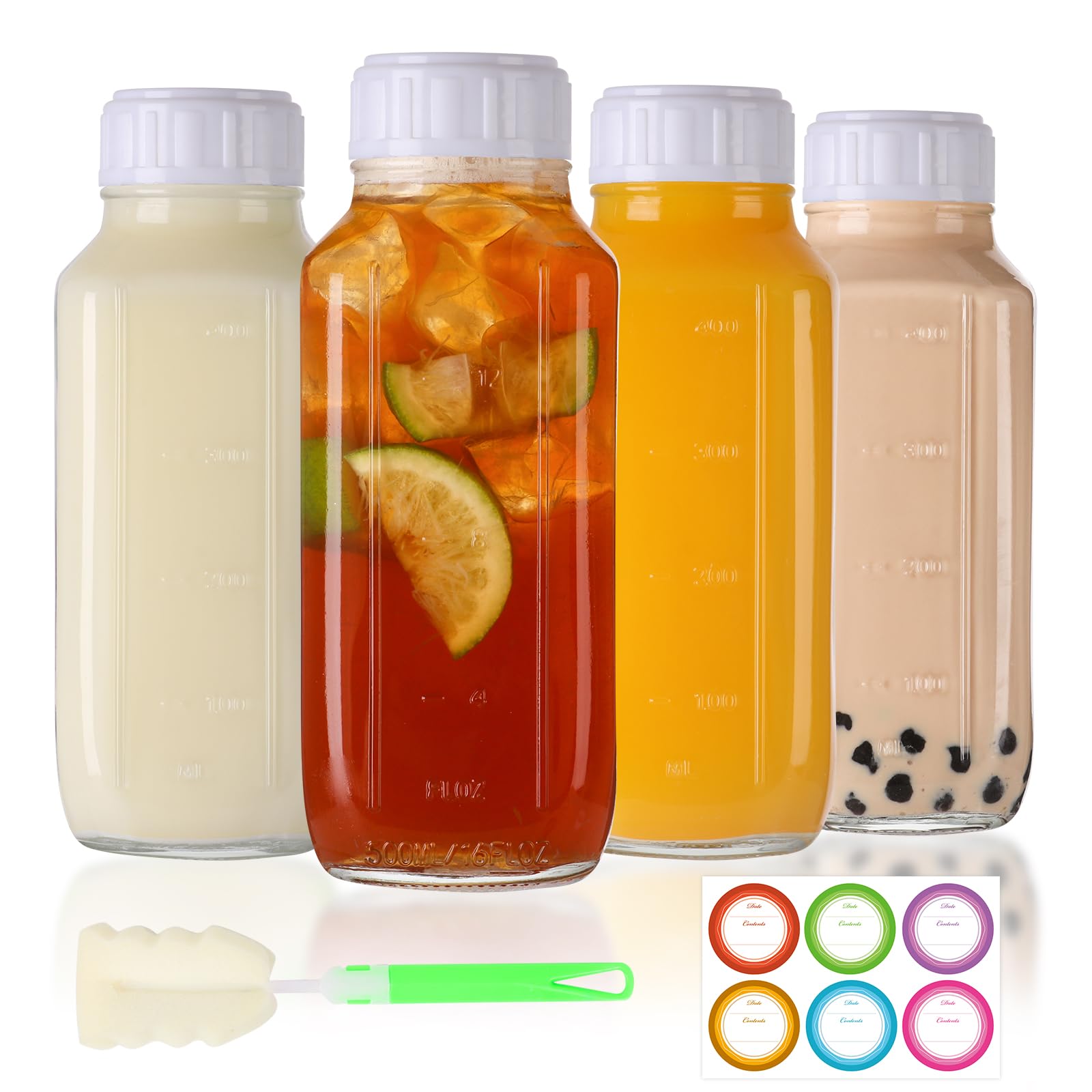 EkkoVla 500ml Glass Bottles with Airtight Lids, 4 Pack Reusable Juice Bottles with Scale, for Milk Smoothies, Beverages