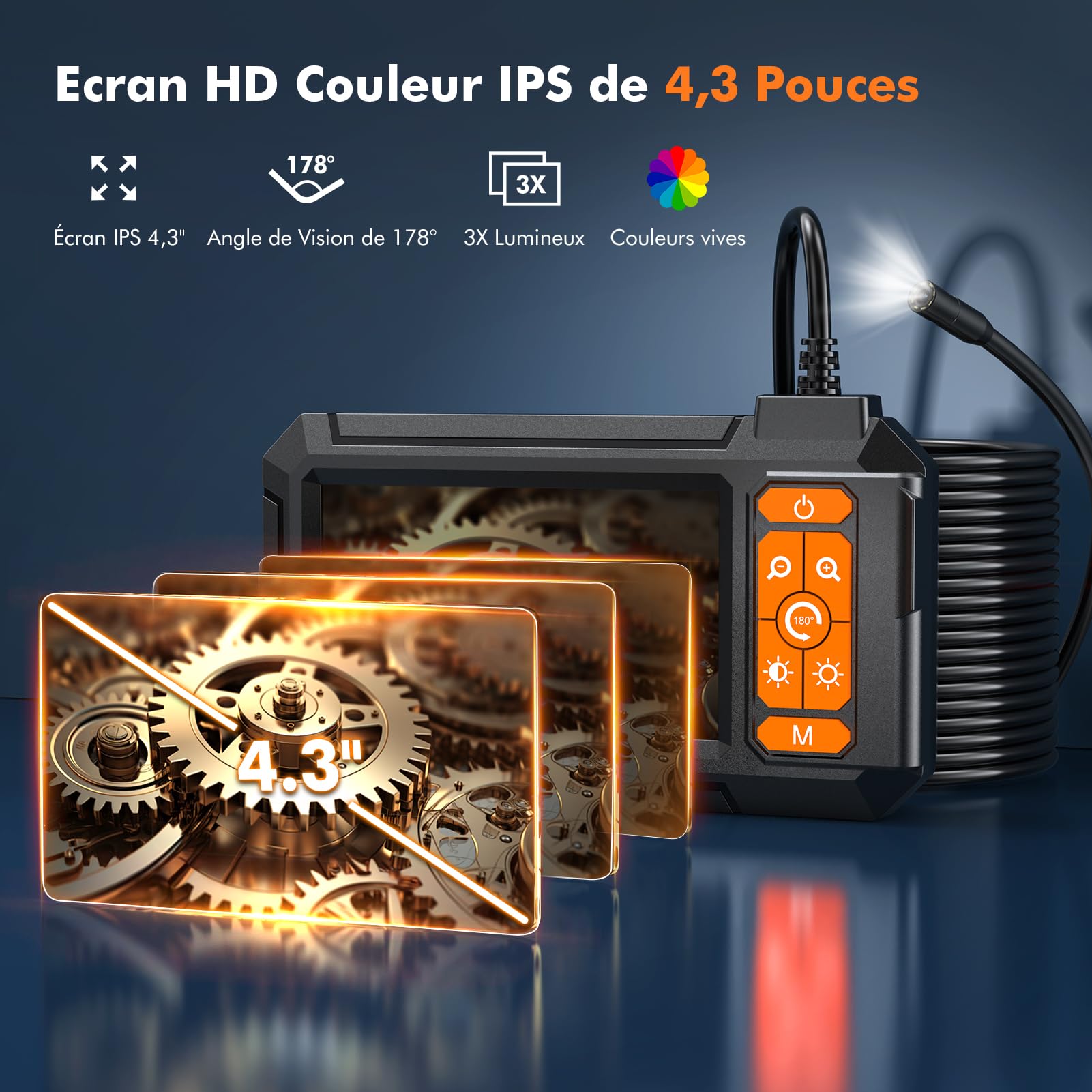 4.3" Camera Endoscopique, 1080 HD Camera Inspection Canalisation avec 8 LED Réglables,IP67 Étanche Endoscope Caméra d'inspection Industrielle 16.5FT/5M, 2600mAh
