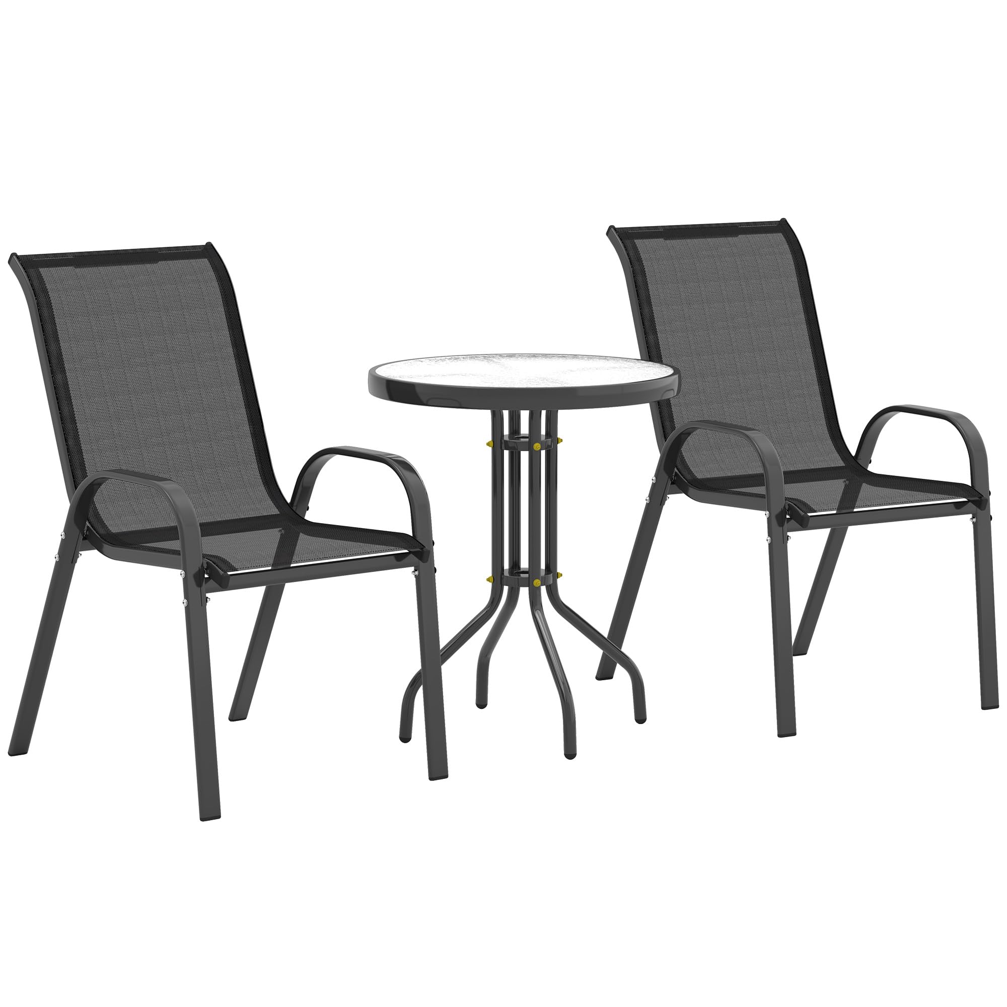 Outsunny Conjunto de Mesa y Sillas de Terraza Exterior de 3 Piezas Muebles de Jardín Exterior con Sillas Apilables Encimera de Vidrio y Estructura de Acero para Patio Negro