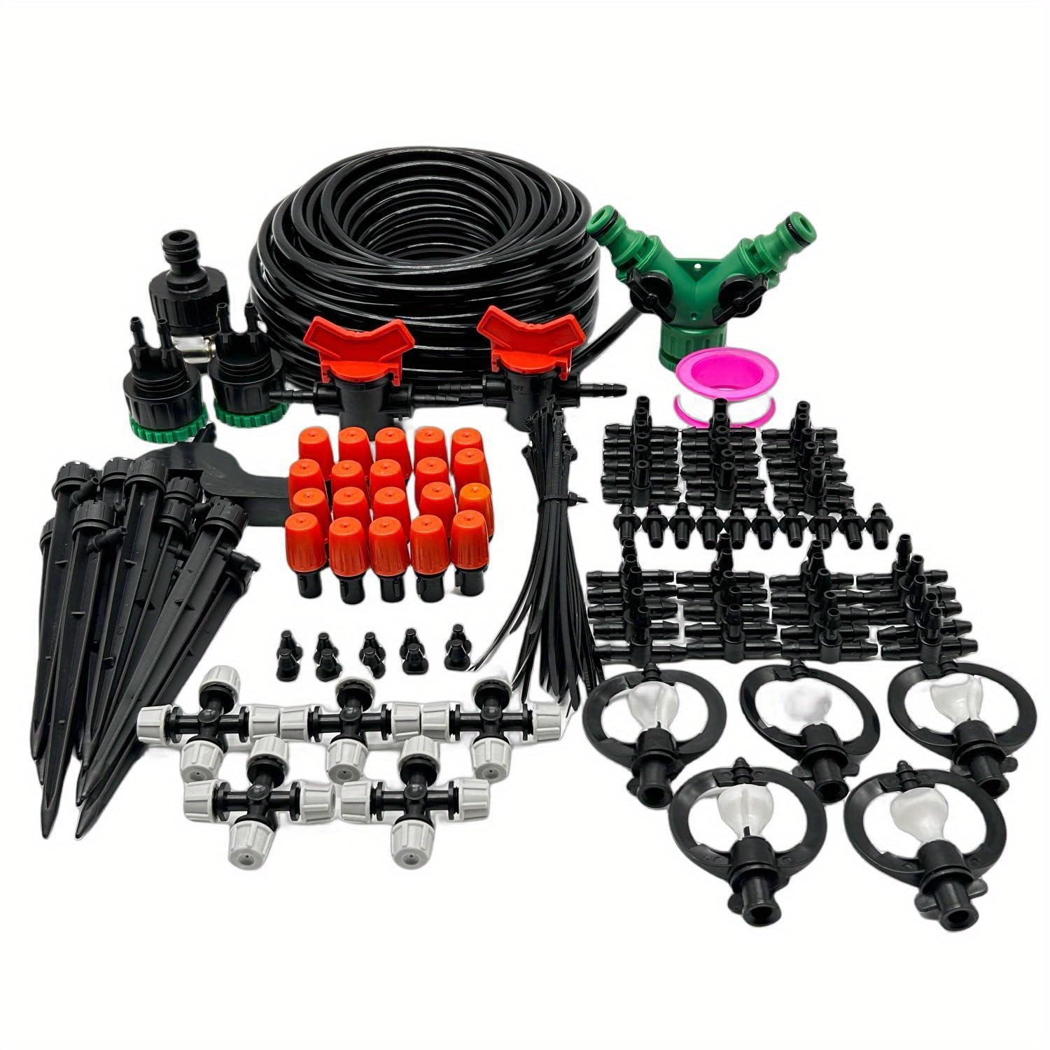 Kit di irrigazione a goccia da 30,4 m + 143 pezzi, sistema da giardino con ugello regolabile, irrigatore d'acqua e kit di irrigazione automatico per serra, colore: nero (VariantValue)