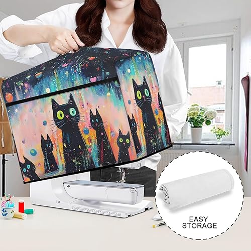Miniatura 5 de Mumeson Cubierta antipolvo para máquina de coser de gatos negros con flores, para la mayoría de máquinas de coser estándar, plegable, duradera, con