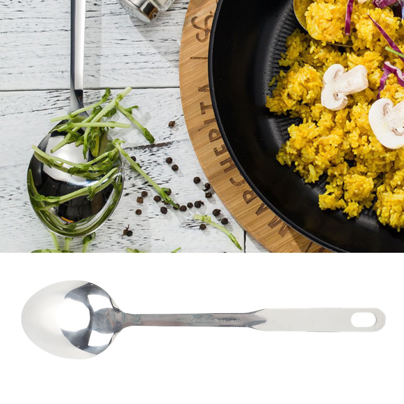 Stainless Steel Serving Spoon with Sturdy Design, Convenient Hanging Hole, and Long Handle for Buffets, Restaurants, and Dishwasher Safe (Steel Handle)