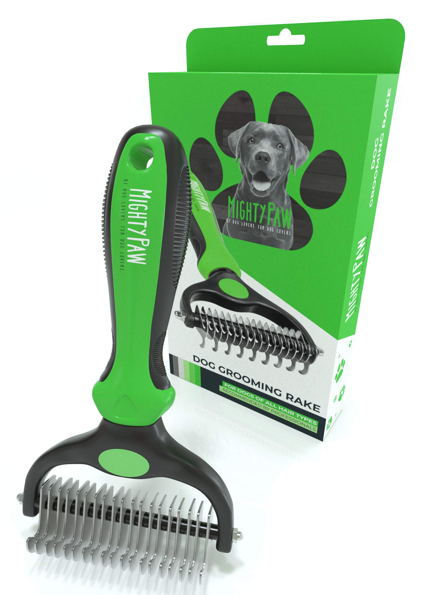 Mighty Paw Dog Grooming Brush - 2-In-1 Dual Sided Comb - Round Tip For Maximum Coat Penetration - Stainless Steel Teeth That Won't Rust Or Discolor - Built-In Thumb Rest For The Control When You Need