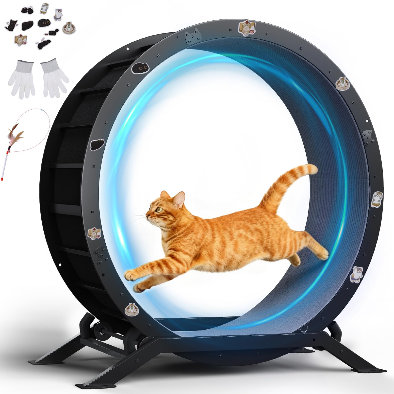 GTPLAYER Ruota per gatti, ruota per esercizi per gatti, XL- 100 cm, ultra silenziosa con tappetino rimovibile, adesivi, sistema di bloccaggio, metallo, nero, regali per il vostro gatto