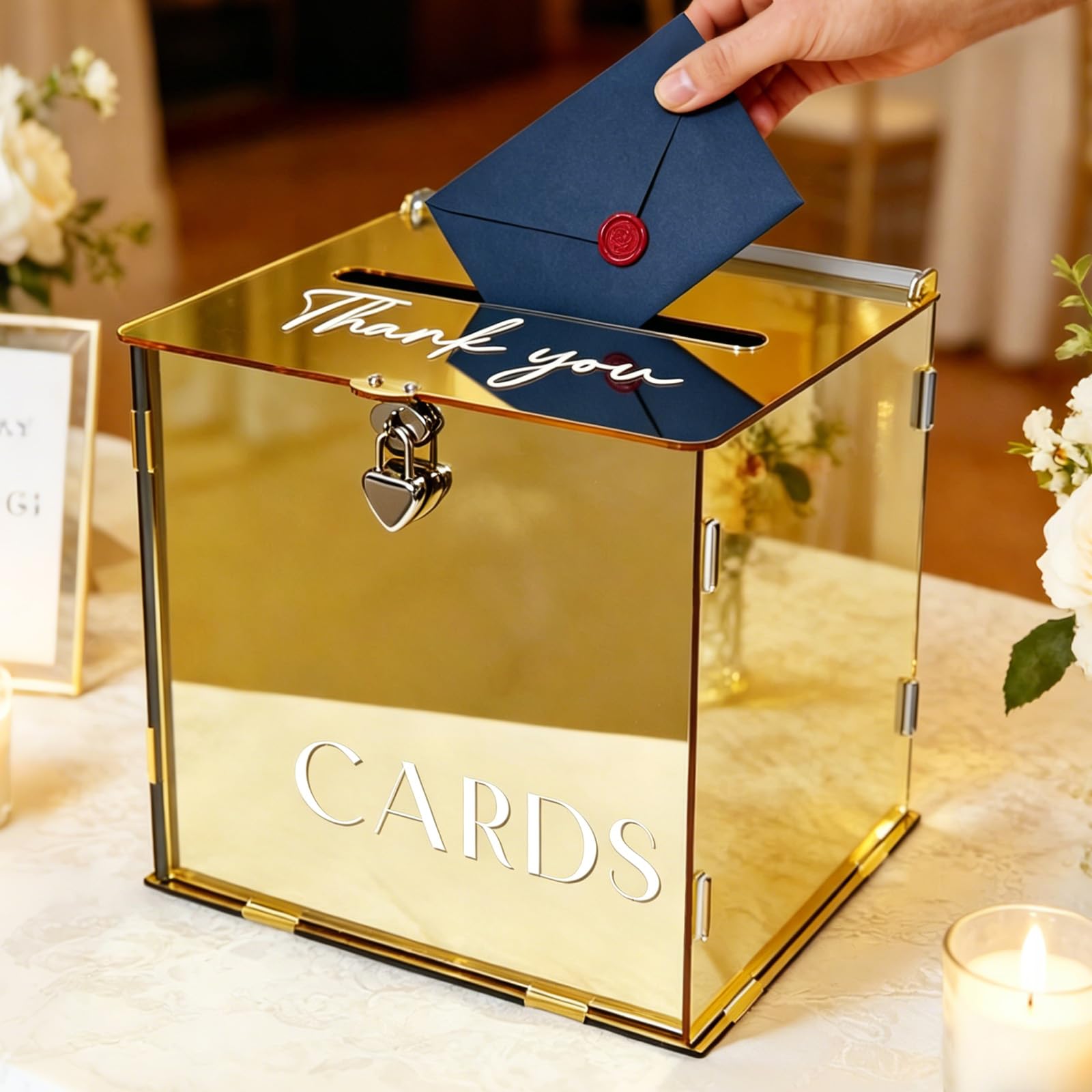 Scatola di carte in acrilico a specchio oro metallizzato con serratura e fessura, eleganti scatole per biglietti di nozze per ricevimenti, buste regalo dorate fai da te per feste, anniversari