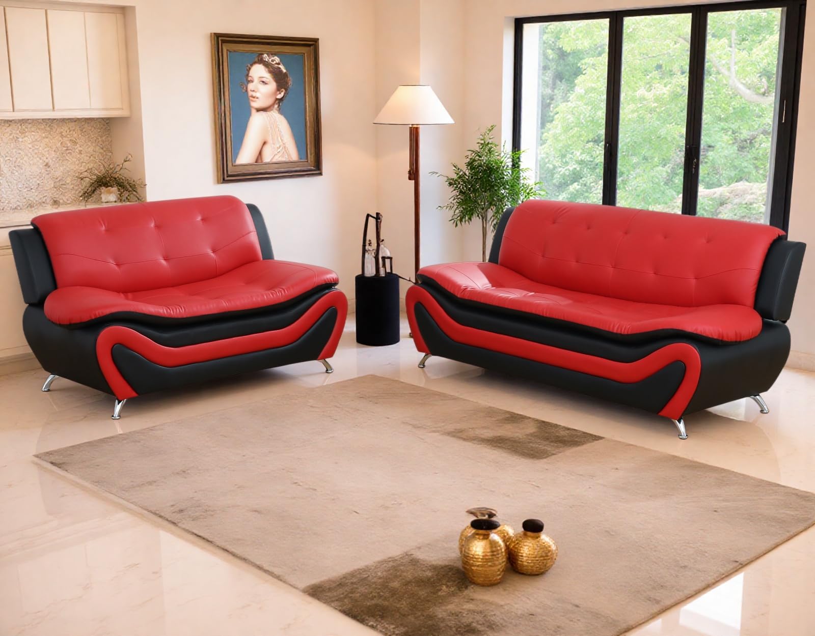 Leather Couches for Living Room, Living Room Couch Set, Sofa for Bedroom, Apartment, Living Room Furniture Sets (a-Leather Black&Red, Sofa+Loveseat)