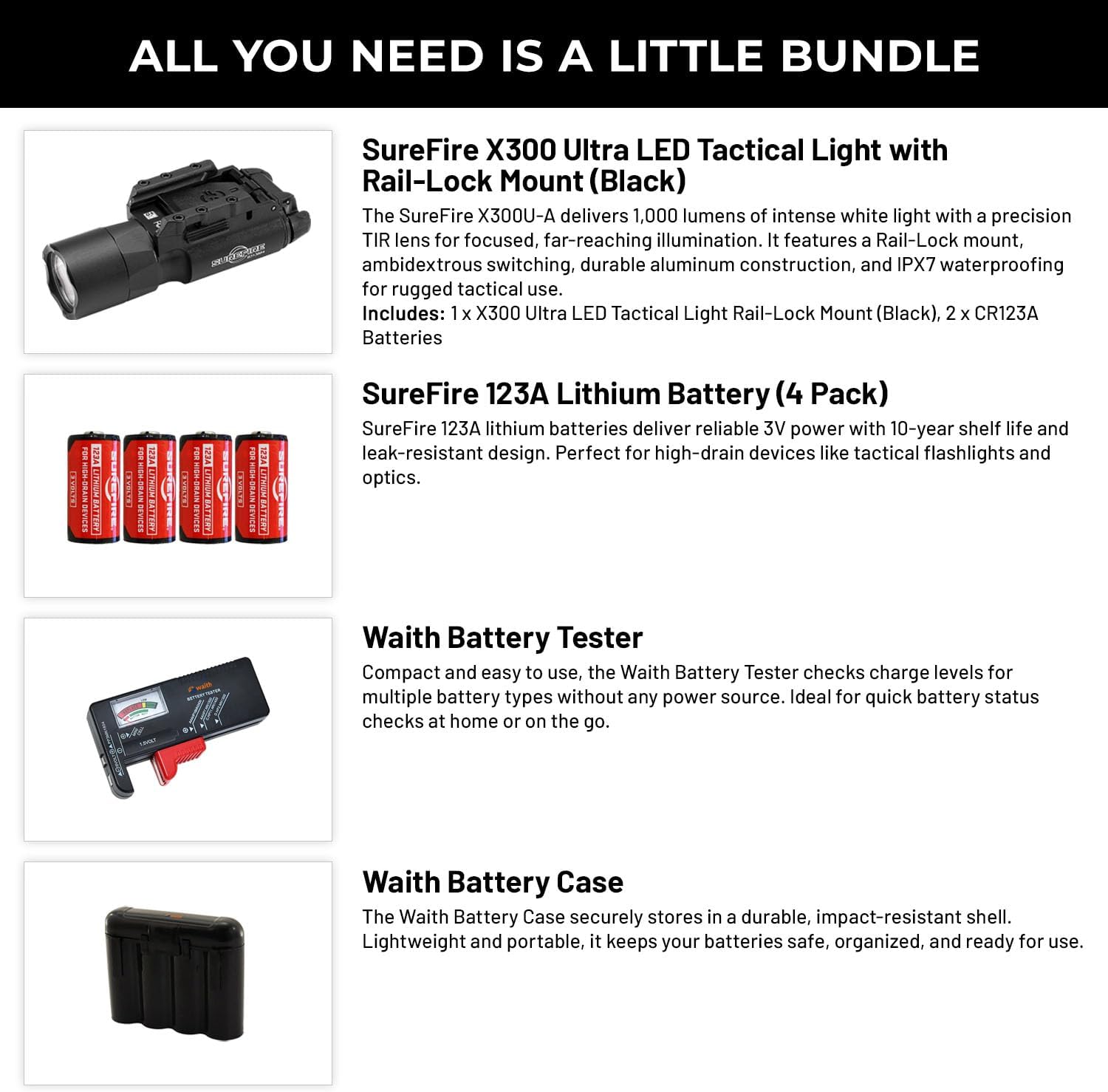 SureFire X300 Ultra LED Tactical Light with Rail-Lock Mount (Black), 1000 Lumens, 4-Pack 123A Li Batteries, Waith Battery Tester, Waith Battery Case Bundle Set