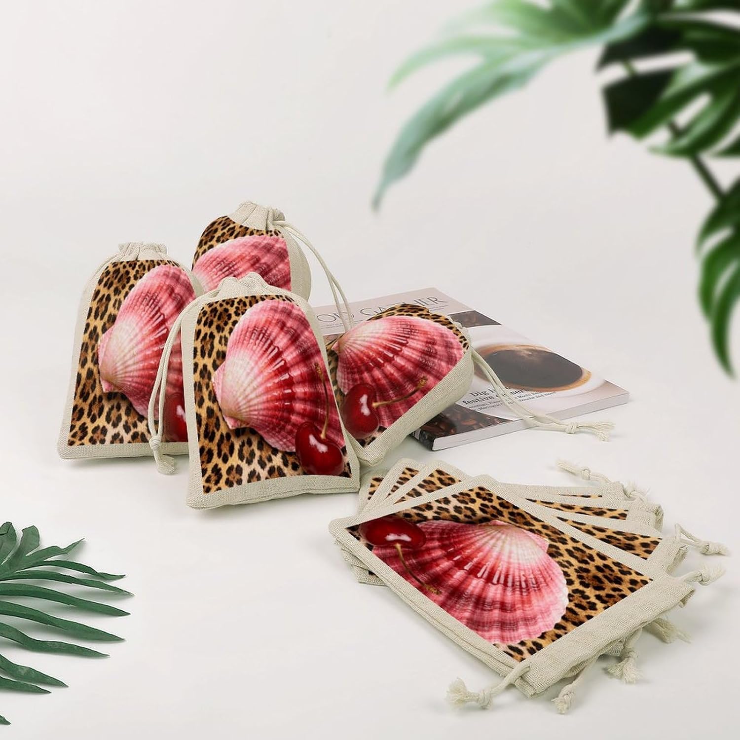 Leopard Cherry Shell Aesthetics Small Burlap Bags with Drawstring image 4