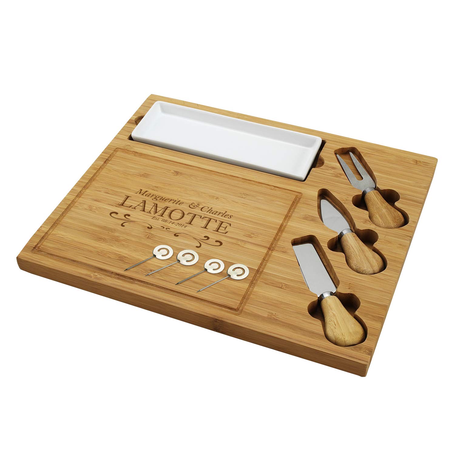 Custom Personalized Engraved Bamboo Cutting Board for Cheese & Charcuterie with Ceramic Dish, Knife Set & Cheese Markers -by Picnic at Ascot USA