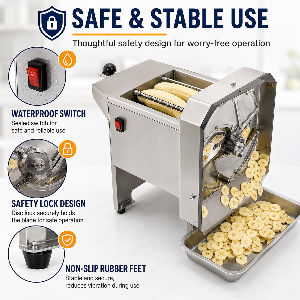 Macchina dell'affettatrice della banana dell'acciaio inossidabile di 130 giri/min, spessore di 0-9 millimetri | Lame in acciaio 5Cr, taglio orizzontale o verticale, design scivolo e serrature di sicurezza per uso cucina