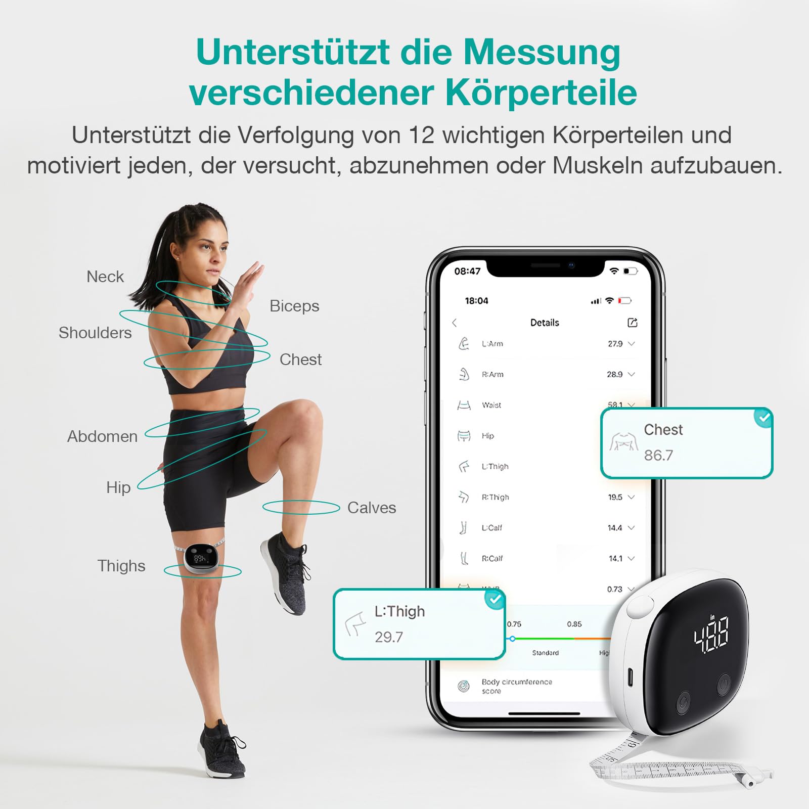 Smartes Körpermaß, Körpermaßband, LED-HD-Vollbild-Überwachung, Körperfett-Werkzeug für Fitness-Formung und Gewichtsverlust, Fitdays App Bluetooth-Maßband