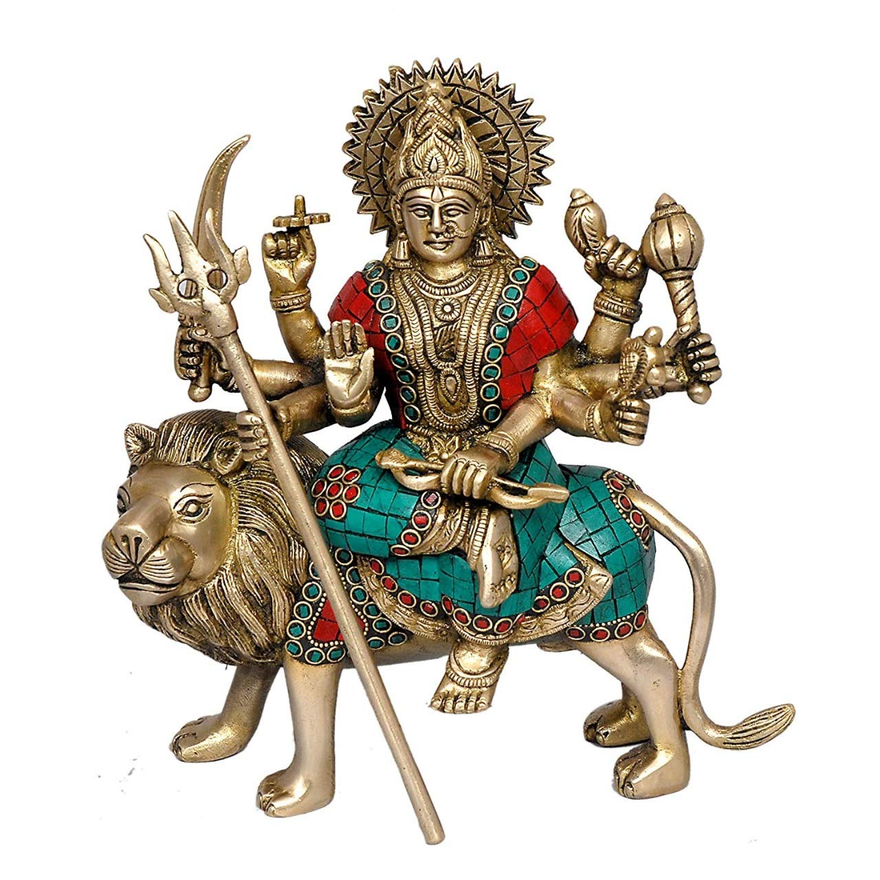 Dattatreya Durga Maa/Sherawali MATA Devi/Goddess Sitting on Lion Brass Statue (9.5 x 9 Inches)