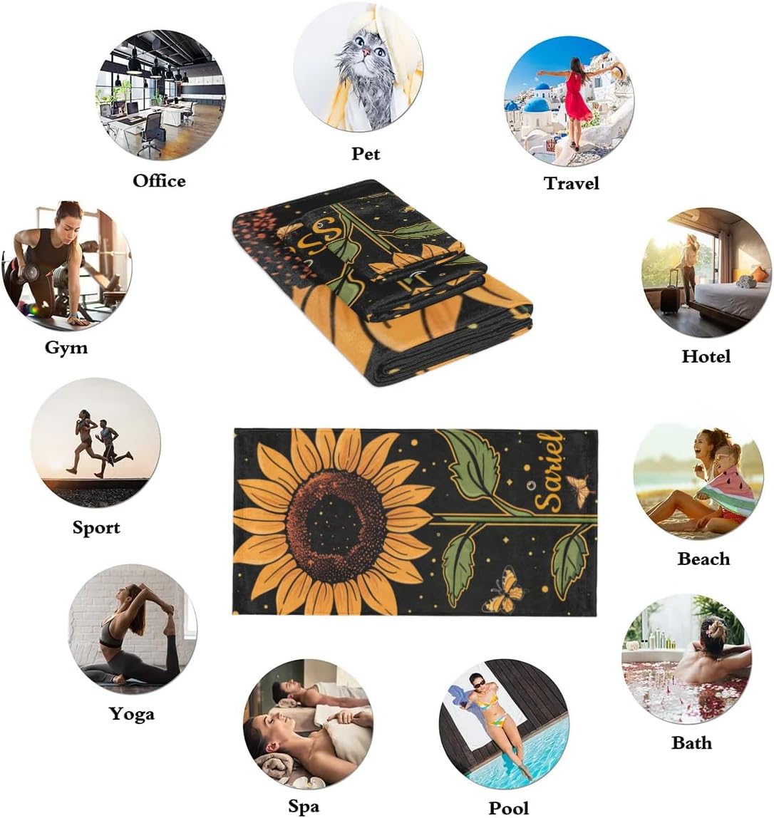 Black Yellow Sunflower Butterfly Flower Personalized 3 Piece Towel Set Custom Bathroom Sets with Name/Text Cotton Towels Set for Women Men (1 Bath Towel 1 Hand Towel 1 Washcloth)
