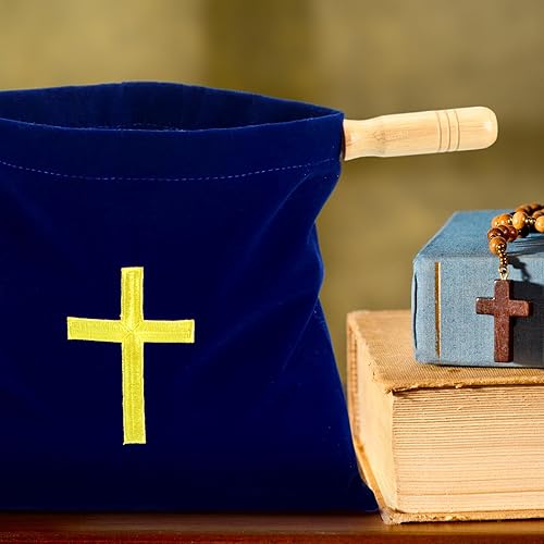 Miniatura 5 de Abbylike Bolsa de terciopelo para ofrendas de iglesia con asas de madera, bolsa de ofrenda religiosa de 10 pulgadas, bolsa de colección de iglesias