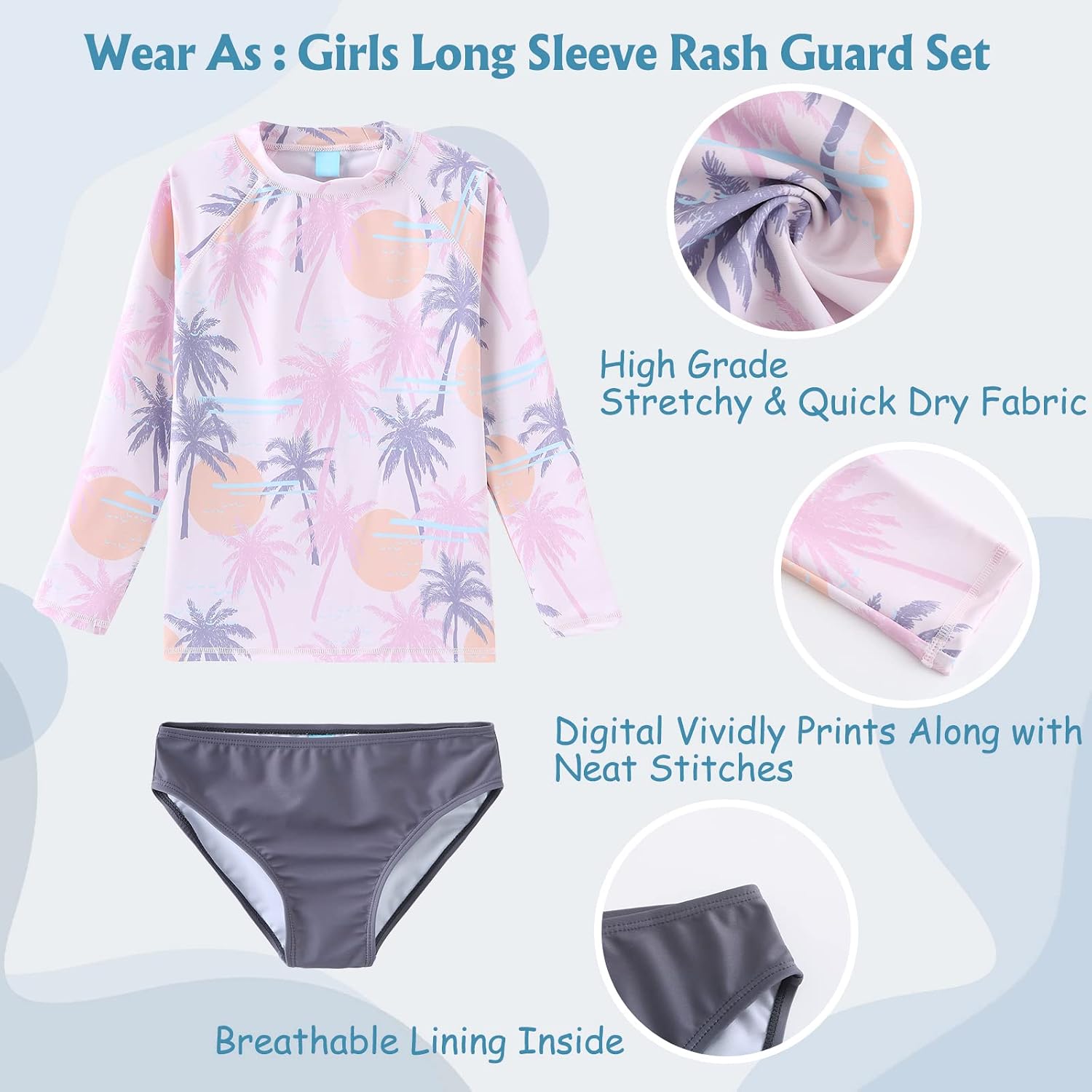 Girls 3 Piece Swimsuits Set Long Sleeve Rash Guard Tankini Bathing Suits for Girls Beach Swimwear Set 3-16 Years