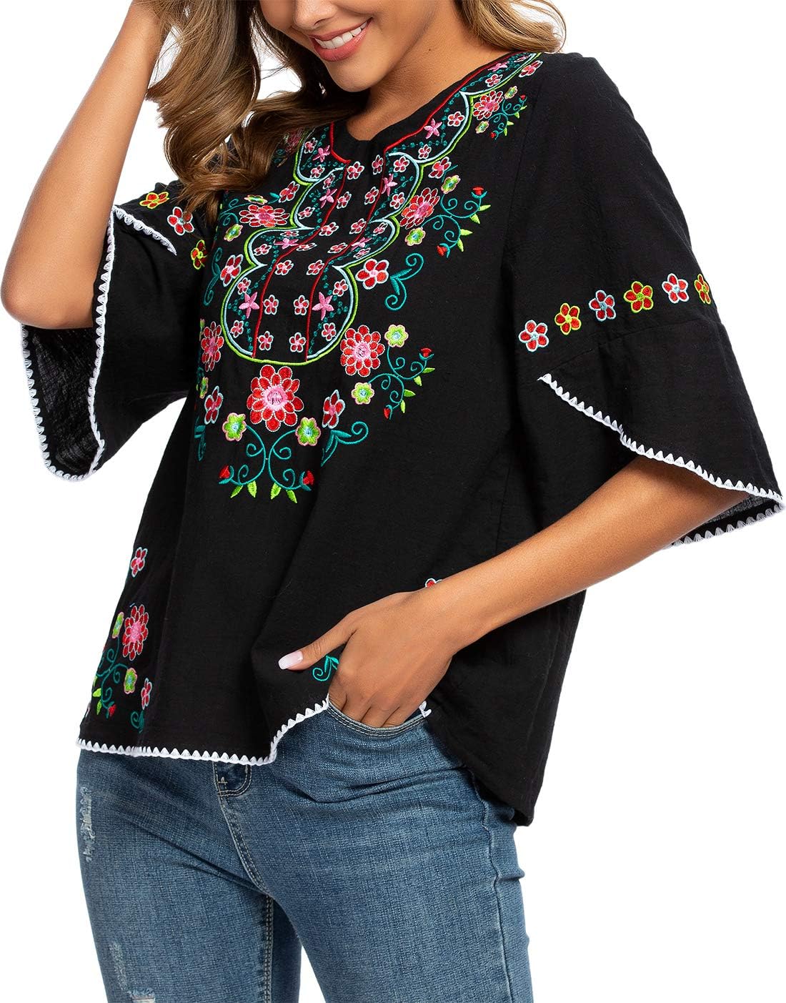 Mexican Shirts Peasant Blouses for Women Cotton Embroidered Blouses Fiesta Summer Bohemian Shirts 3/4 Sleeves - Image 4