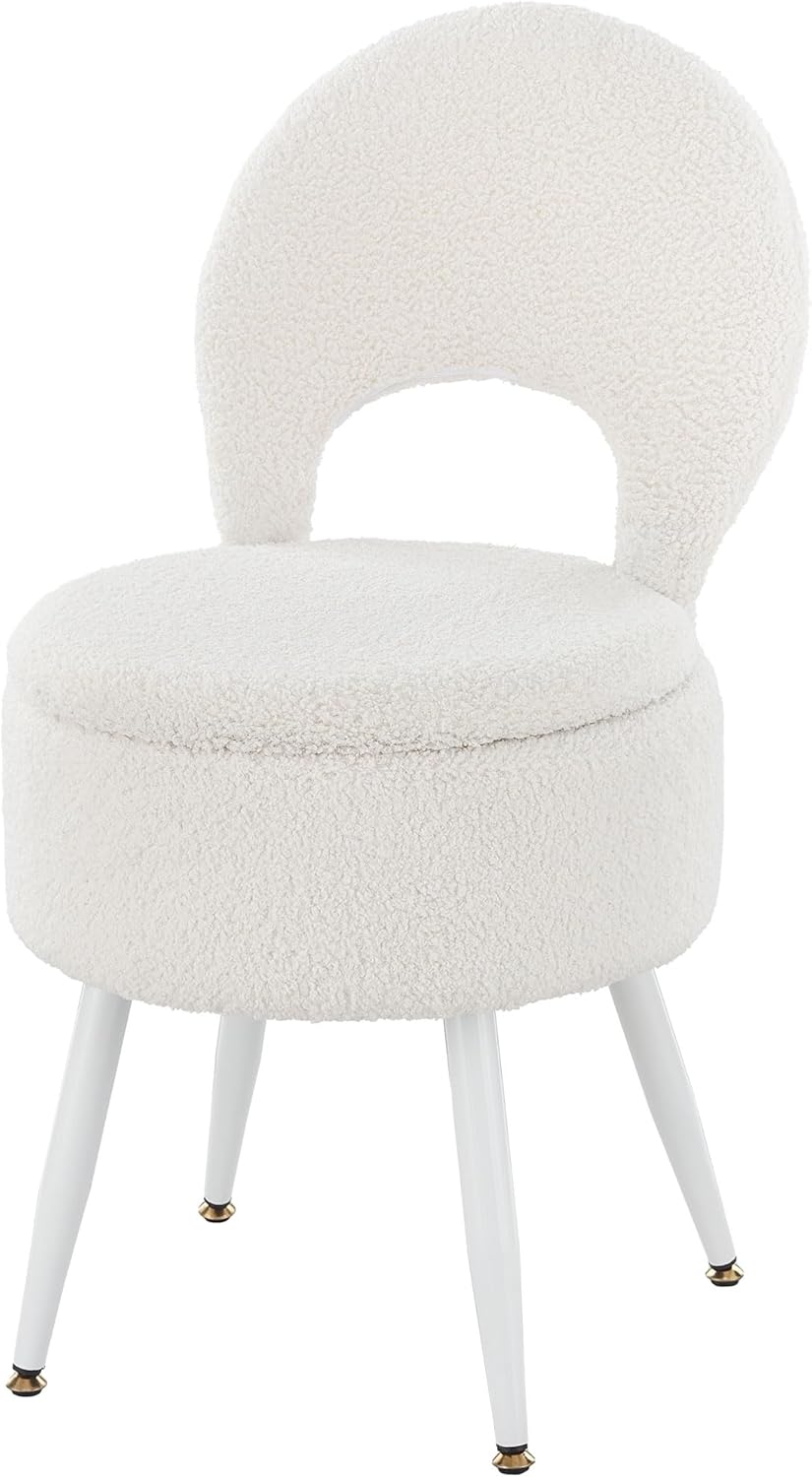 Vanity Stool with Storage and Backrest, Folding Back & Velvet Seat, Footrest, Round Ottoman with Sherpa, Vanity Chair with Storage, Ideal for Bedroom, Living Room, and Makeup Stations Sherpa White