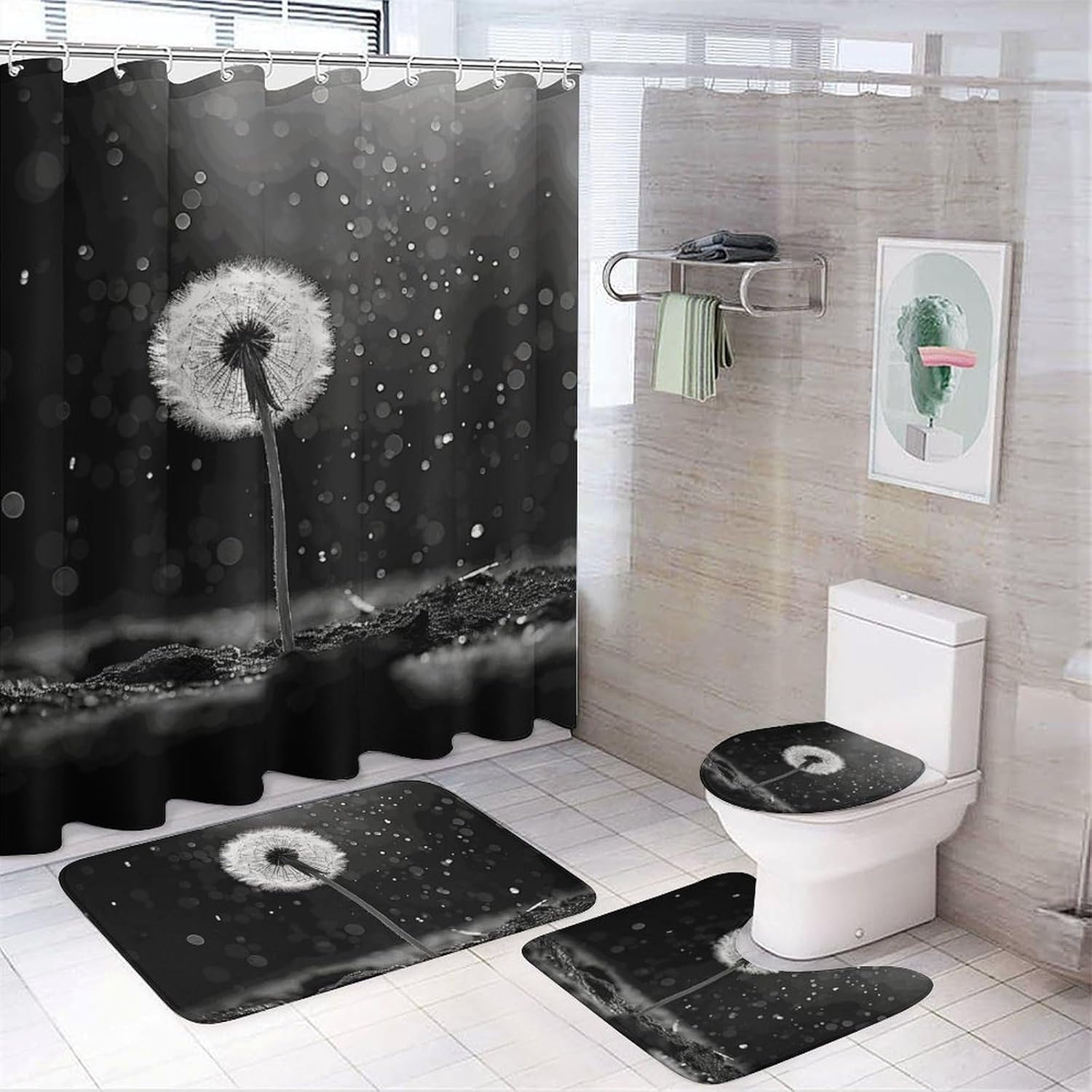 Dandelion Black and White Shower Curtain Set 4 Piece, Non-Slip Bath Mat with Toilet Lid Cover and Waterproof Shower Curtain with 12 Hooks, Complete Bathroom Set for Home Decor