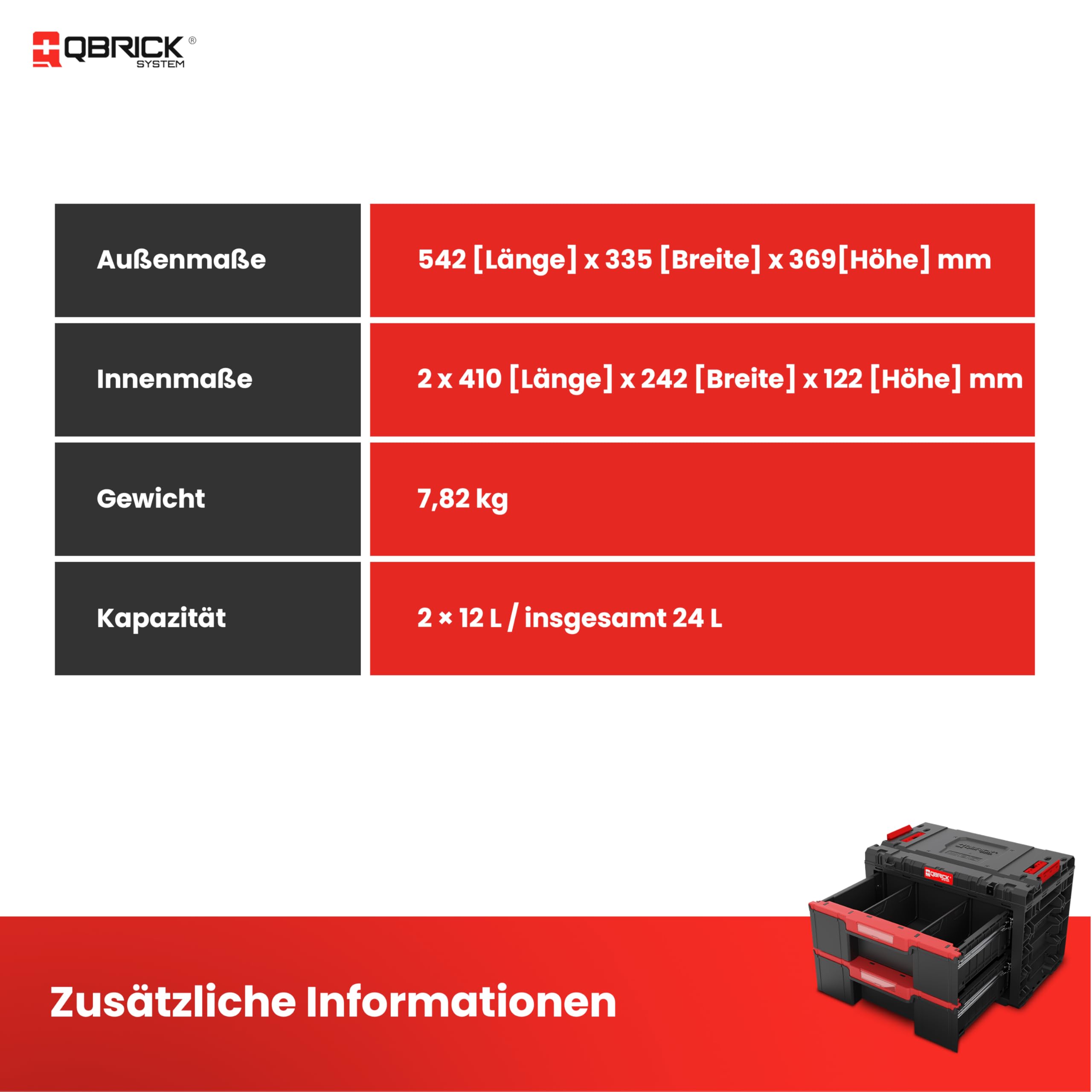 Qbrick System Cassetta Porta Attrezzi Vuota - 2 Scomparti - Valigetta Attrezzi - 542 x 335 x 369 mm Nero