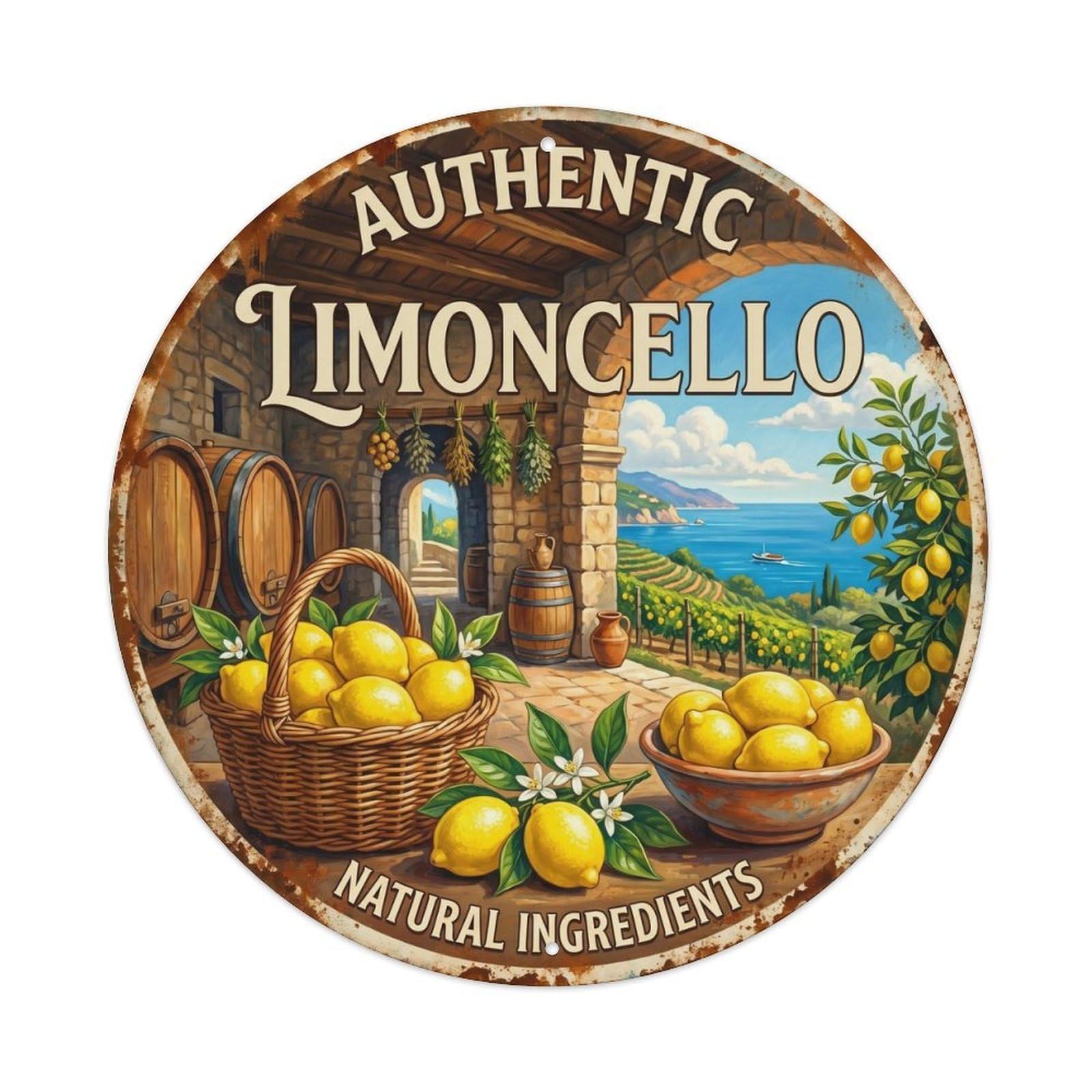 Fqcyn Style Mediterranean Limoncello Spirit Metal Tin Sign Plaque Wall Decor For Cafe, Club Bar, Office, Home Garden Round Metal Poster 8X8inch