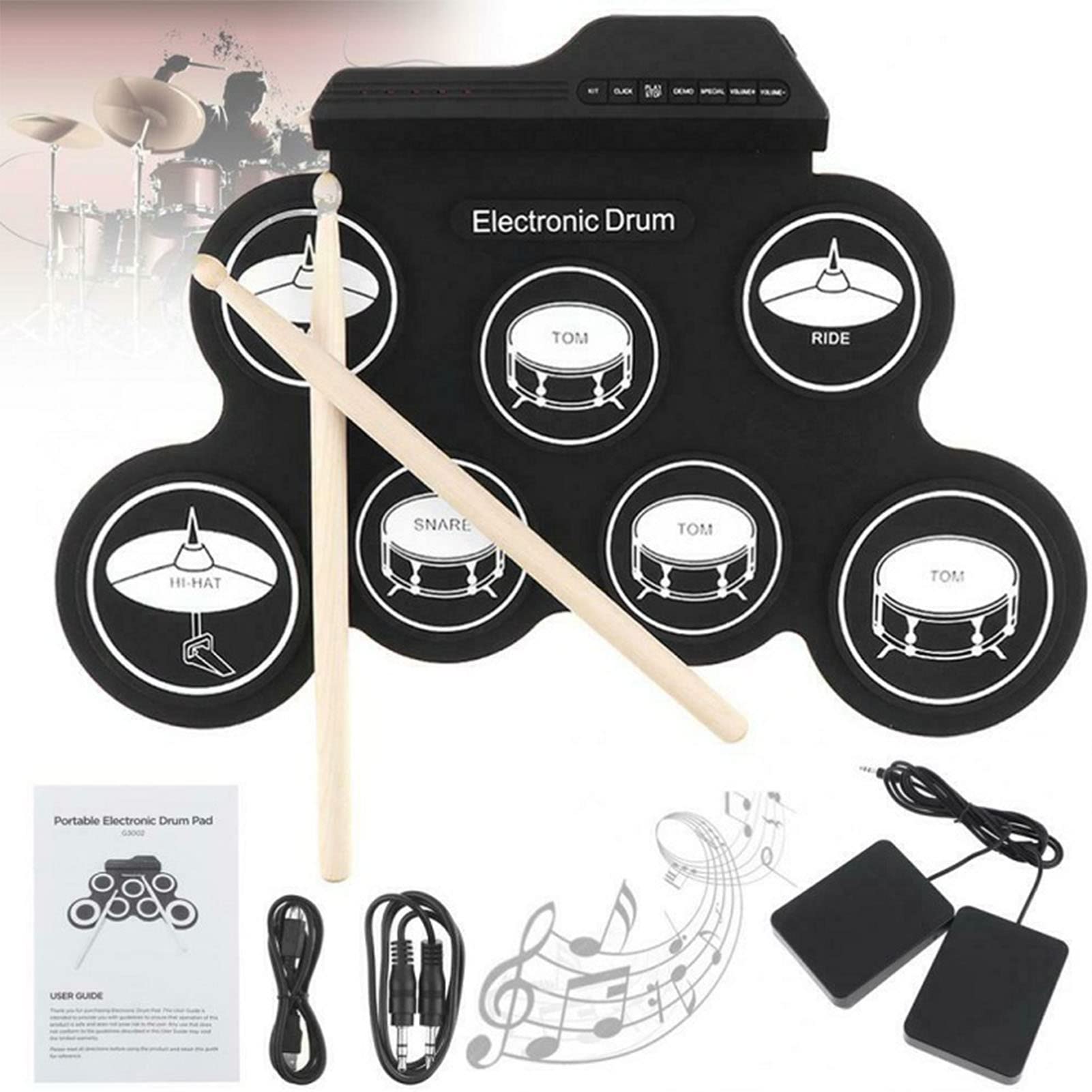 Batería Electrónica 7 Pads 5 Afinaciones 8 Canciones de Demostración 3 Ritmos Portátil USB Roll Up Drum Practice Pad