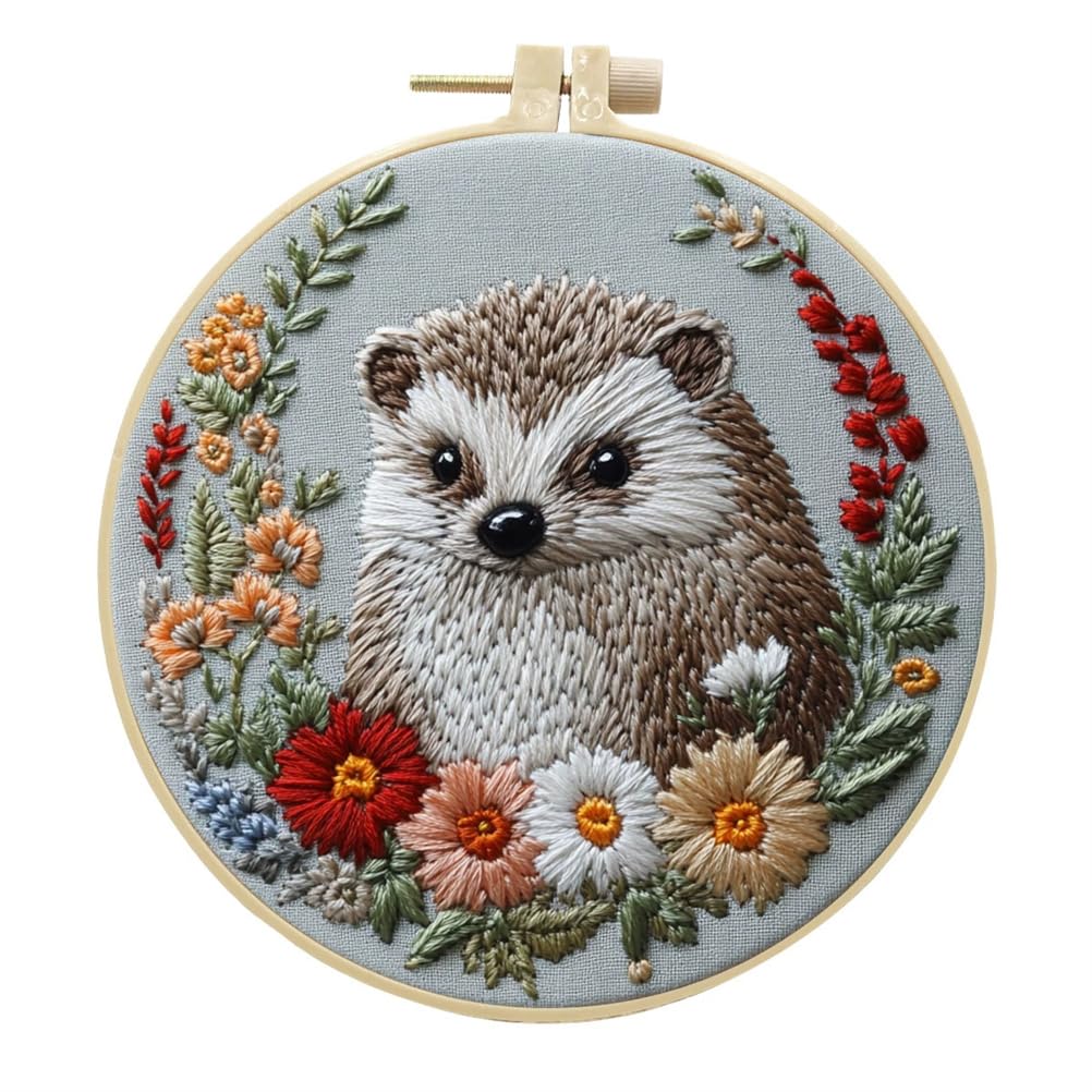 Meecaa Cute Animal Flower Hedgehog Embroidery Kit Starter Set, Hand Embroidery Set,Pattern Printed Cross Stitch Set for Beginner Adults, with Embroidery Hoop and Instructions (Cute 1)
