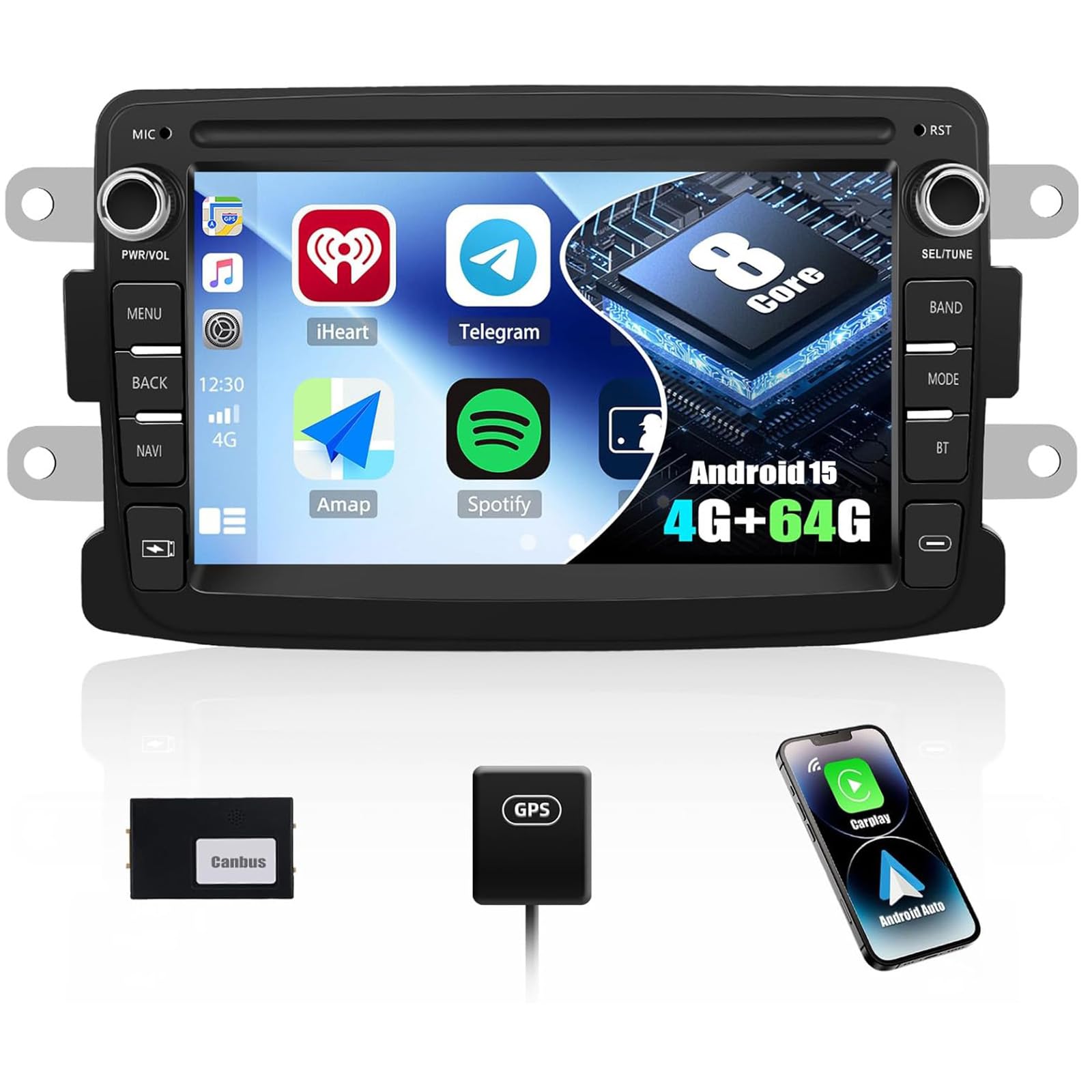 4G+64GB Android 15 CAMECHO Autoradio für Renault Dacia Logon/Duster/Logon/Duster mit Navi Carplay Android Auto Wireless, Double Din mit 7-Zoll Bildschirm mit RDS/FM MirrorLink Bluetooth DSP