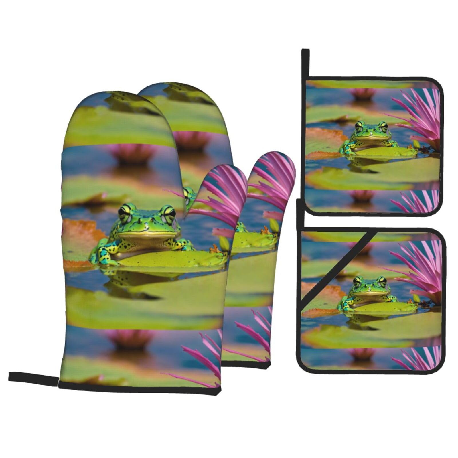 Cute Frog Print Kitchen Oven Mitts And Pot Holders Set,Hanging Loop Design For Cooking Baking Bbq