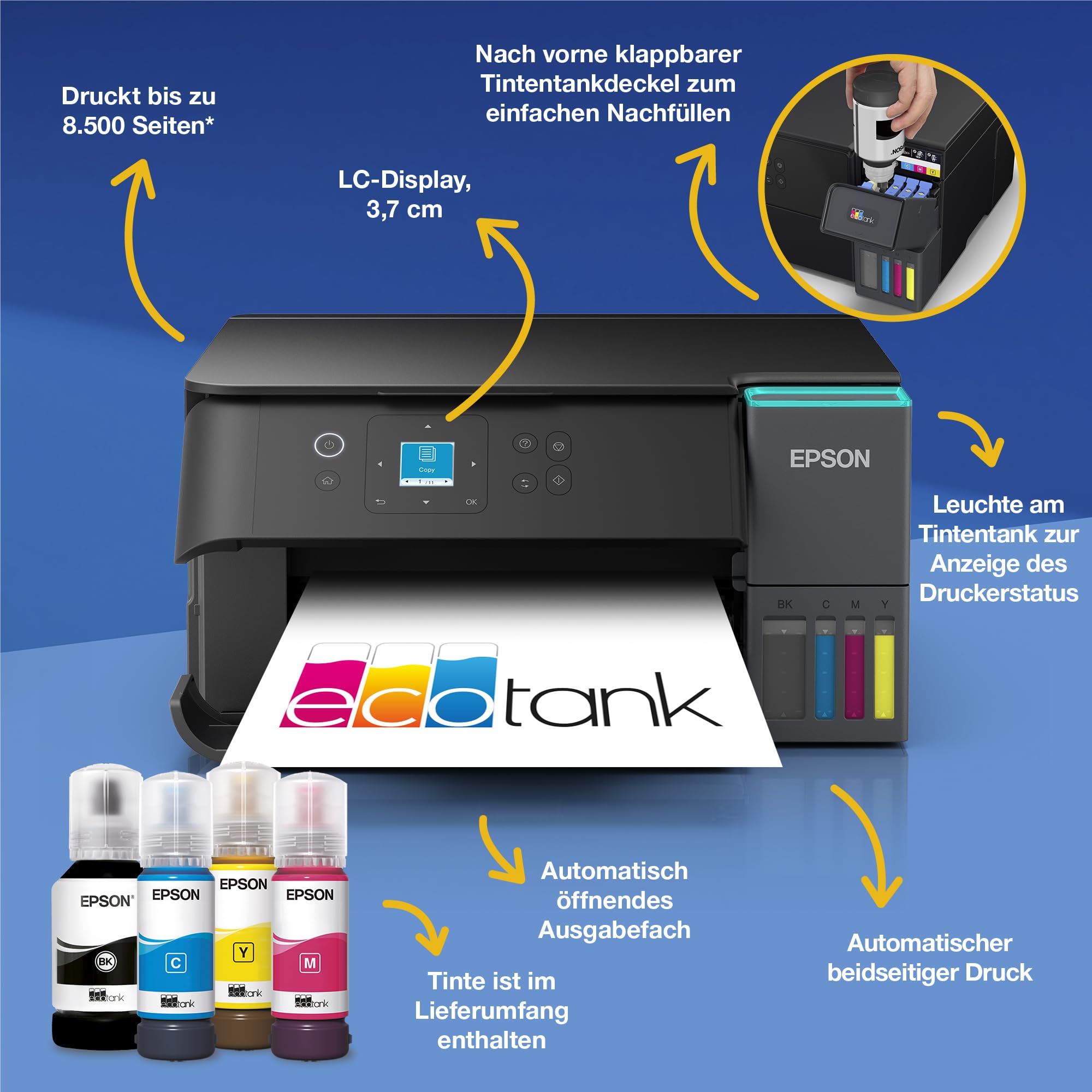 Epson EcoTank ET-2950 Tintentankdrucker | für vielbeschäftigte Haushalte | WLAN | A4 | Drucken, Kopieren, Scannen | 3.7 cm LCD-Display | Duplexdruck | inkl. Tinte für bis zu 3 Jahre