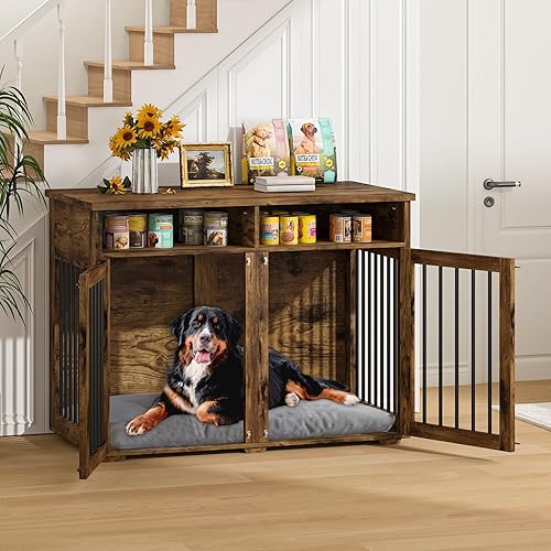 Miniatura 3 de Jaula para Perros Tipo Mueble para Dos Perros, 41 Pulgadas Estilo Casa de Campo con Divisor Removible y Superficie Superior Engrosada, Base