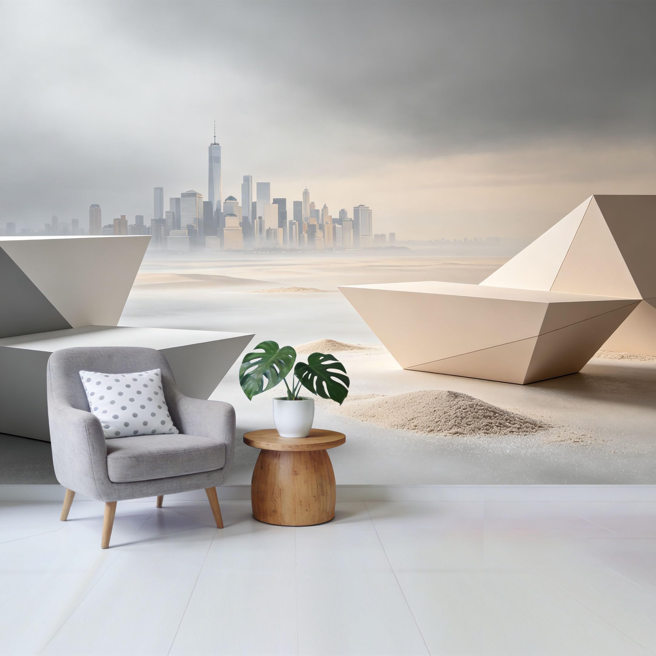 Qzlithotic Yq2605251134 Custom Size Wall Mural Modern Geometric Sculpture Minimalist City Skyline Foggy Waterfront Scenery Selfadhesive Wall Fabric Removable Wallpaper For Home Office Decor