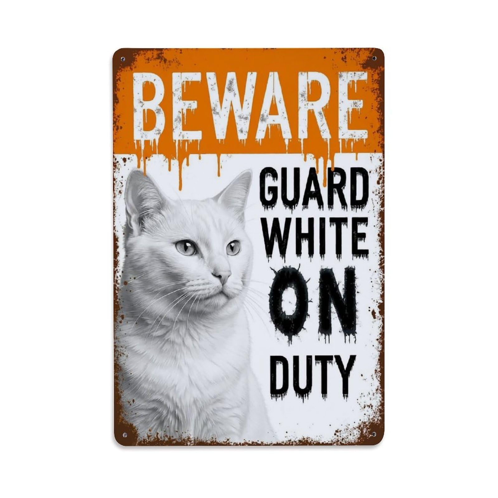 Vintage Funny White Guard Beware of Cat Passage Metal Tin Sign Plaque Wall Decor for Cafe, Club Bar, Office, Garden Metal Poster 8x12Inch