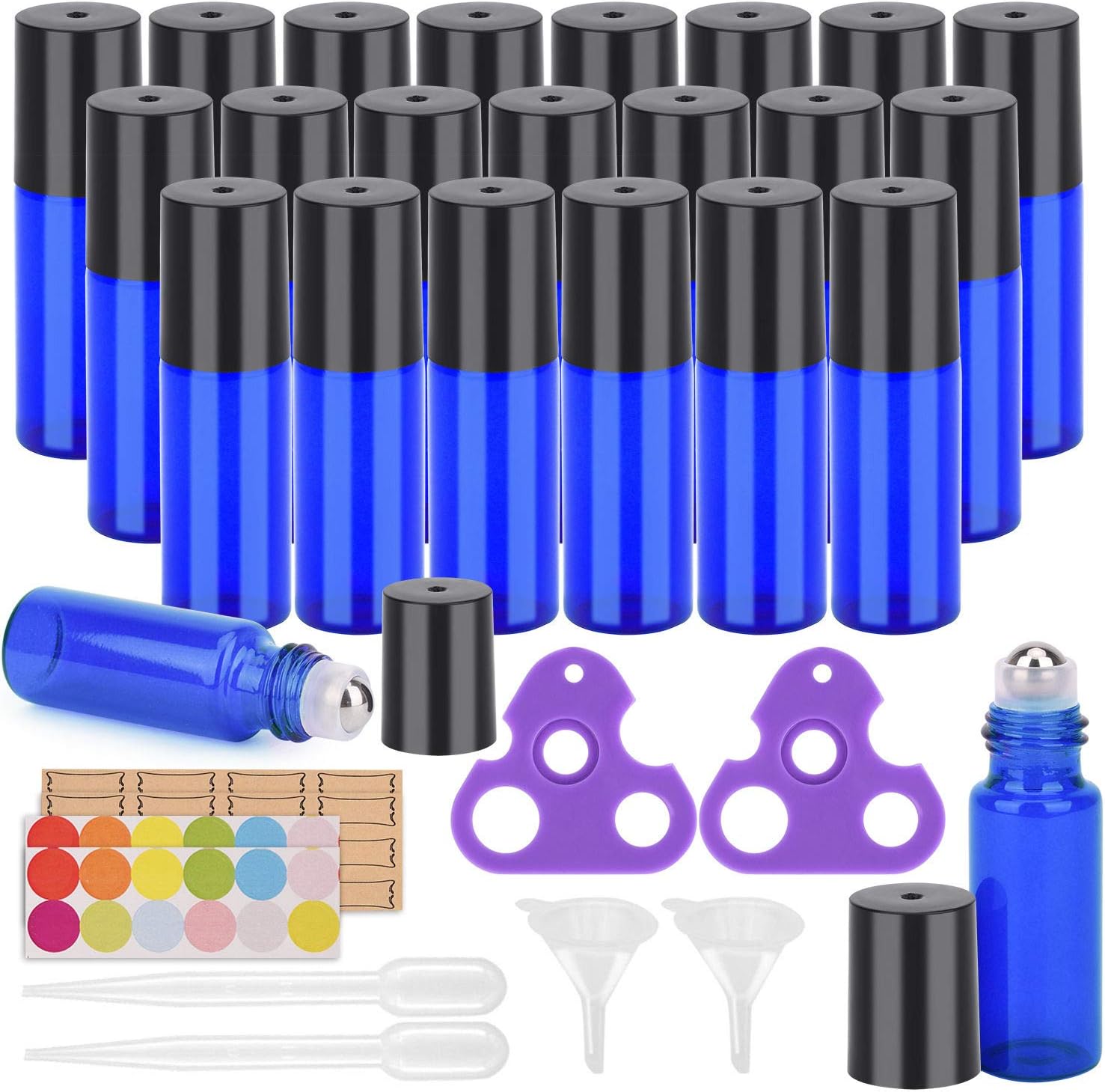 Essential Oil Roller Bottles 24 Pack Blue Color 5ml Glass Roller Bottles (95 Pieces Labels, 2 Opener, 4 Funnels, 4 Dropper) Roller Balls for Essential Oils, Roll on Bottles