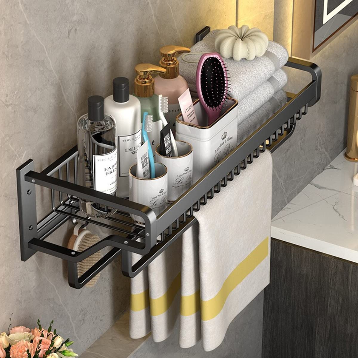 Toalleros de BañO Aluminio Acero Inoxidable Negro Mate Toallero de Pared con Estante Adhesivo Doble Barra Estante de Toalla de Pared Accesorios Sin Taladro