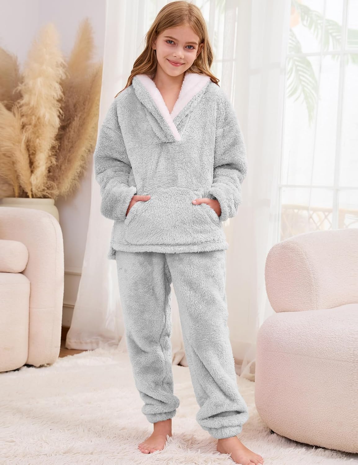 Kissonic Girls Fuzzy Pants Set Lapel Collar Pullover Fluffy Sweatshirt Fleece Pants Sweatsuit 2 Piece Outfits - Image 2