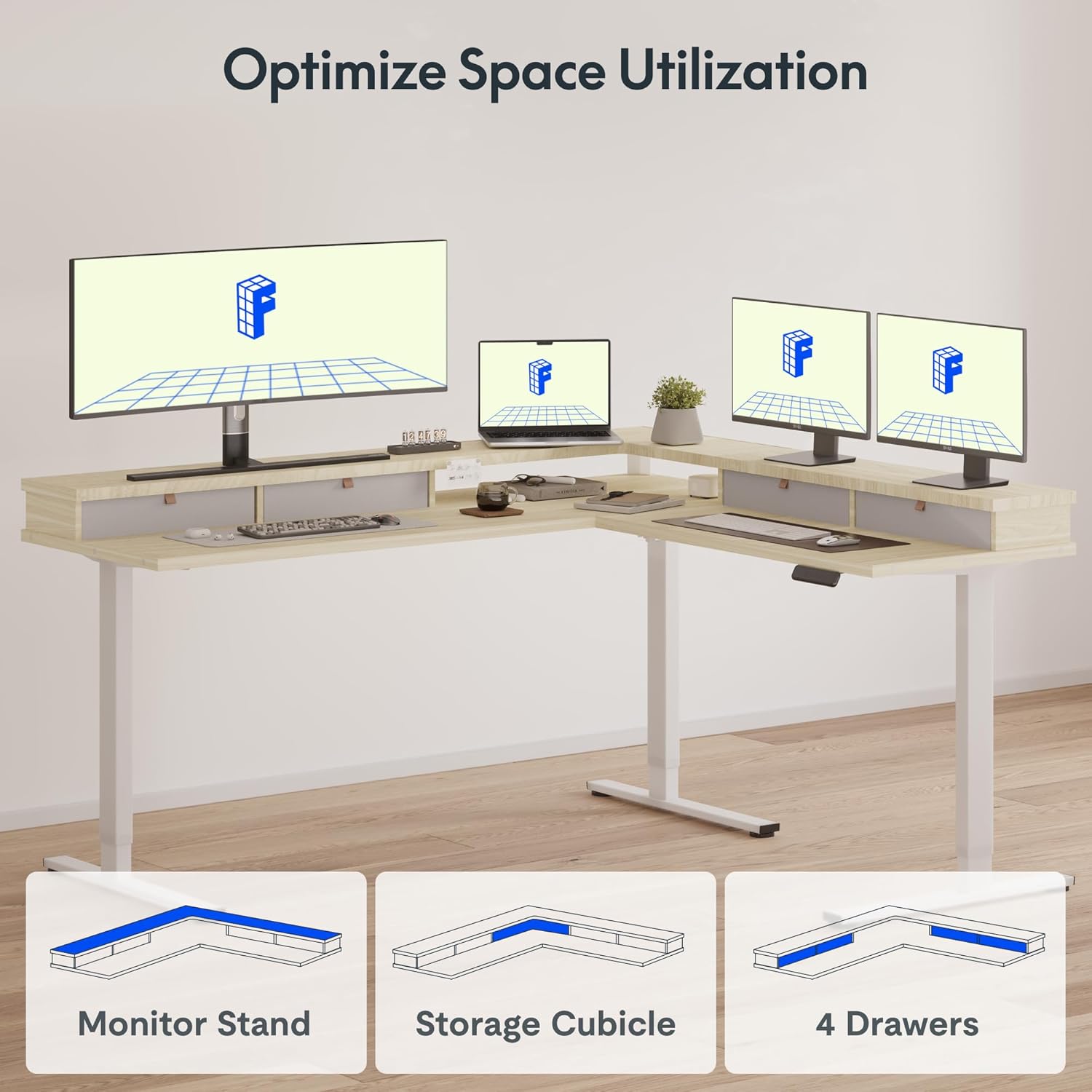 FLEXISPOT 71" L Shaped Standing Desk Electric Corner Table with Shelf, 4 Storage Drawers, Adjustable Computer Workstation for Home, Office, Game, Studio,Light Maple Top + White Frame